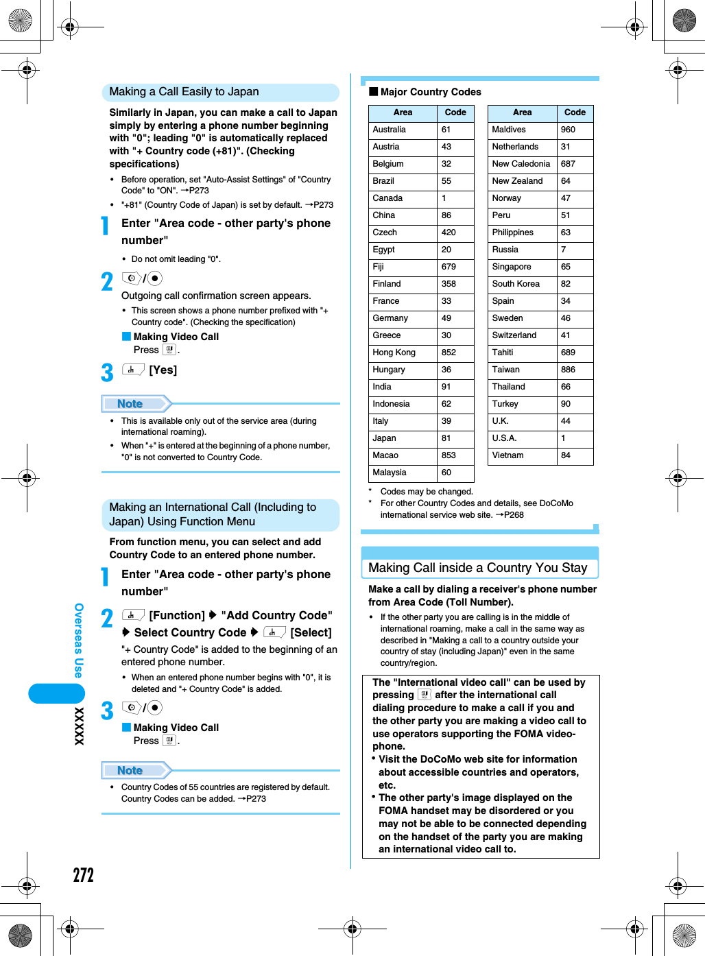 272Overseas Use XXXXXMaking a Call Easily to JapanSimilarly in Japan, you can make a call to Japan simply by entering a phone number beginning with &quot;0&quot;; leading &quot;0&quot; is automatically replaced with &quot;+ Country code (+81)&quot;. (Checking specifications)• Before operation, set &quot;Auto-Assist Settings&quot; of &quot;Country Code&quot; to &quot;ON&quot;. →P273• &quot;+81&quot; (Country Code of Japan) is set by default. →P273aEnter &quot;Area code - other party&apos;s phone number&quot; • Do not omit leading &quot;0&quot;. bo/cOutgoing call confirmation screen appears. • This screen shows a phone number prefixed with &quot;+ Country code&quot;. (Checking the specification)■Making Video CallPress t.ch [Yes] • This is available only out of the service area (during international roaming). • When &quot;+&quot; is entered at the beginning of a phone number, &quot;0&quot; is not converted to Country Code. Making an International Call (Including to Japan) Using Function MenuFrom function menu, you can select and add Country Code to an entered phone number. aEnter &quot;Area code - other party&apos;s phone number&quot;bh [Function] y &quot;Add Country Code&quot; y Select Country Code y h [Select]&quot;+ Country Code&quot; is added to the beginning of an entered phone number. • When an entered phone number begins with &quot;0&quot;, it is deleted and &quot;+ Country Code&quot; is added. co/c■Making Video CallPress t.• Country Codes of 55 countries are registered by default. Country Codes can be added. →P273■Major Country Codes* Codes may be changed.* For other Country Codes and details, see DoCoMo international service web site. →P268Making Call inside a Country You StayMake a call by dialing a receiver&apos;s phone number from Area Code (Toll Number). • If the other party you are calling is in the middle of international roaming, make a call in the same way as described in &quot;Making a call to a country outside your country of stay (including Japan)&quot; even in the same country/region.Area Code Area CodeAustralia 61 Maldives 960Austria 43 Netherlands 31Belgium 32 New Caledonia 687Brazil 55 New Zealand 64Canada 1 Norway 47China 86 Peru 51Czech 420 Philippines 63Egypt 20 Russia 7Fiji 679 Singapore 65Finland 358 South Korea 82France 33 Spain 34Germany 49 Sweden 46Greece 30 Switzerland 41Hong Kong 852 Tahiti 689Hungary 36 Taiwan 886India 91 Thailand 66Indonesia 62 Turkey 90Italy 39 U.K. 44Japan 81 U.S.A. 1Macao 853 Vietnam 84Malaysia 60The &quot;International video call&quot; can be used by pressing t after the international call dialing procedure to make a call if you and the other party you are making a video call to use operators supporting the FOMA video-phone.･Visit the DoCoMo web site for information about accessible countries and operators, etc.･The other party&apos;s image displayed on the FOMA handset may be disordered or you may not be able to be connected depending on the handset of the party you are making an international video call to. 