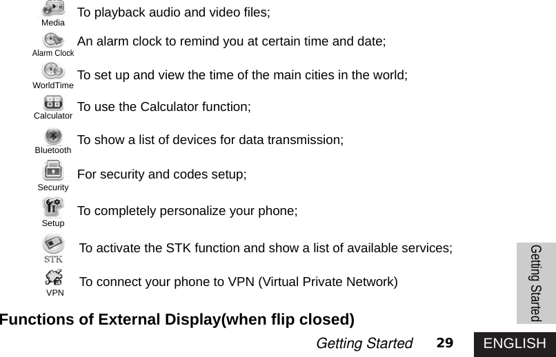 ENGLISH29Getting StartedTo playback audio and video files;An alarm clock to remind you at certain time and date;To set up and view the time of the main cities in the world;To use the Calculator function;To show a list of devices for data transmission; For security and codes setup;To completely personalize your phone; To activate the STK function and show a list of available services; To connect your phone to VPN (Virtual Private Network)Functions of External Display(when flip closed)Getting StartedMediaAlarm ClockWorldTimeCalculatorBluetoothSecuritySetupVPN