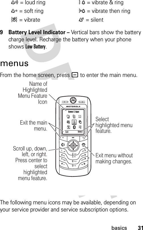 31basics9 Battery Level Indicator – Vertical bars show the battery charge level. Recharge the battery when your phone shows Low Battery.menusFrom the home screen, press - to enter the main menu.The following menu icons may be available, depending on your service provider and service subscription options.y= loud ringÓ= vibrate &amp; ringz= soft ring}= vibrate then ring|= vibrateÒ= silent Exit Select Games &amp; AppsScroll up, down, left, or right. Press center to select highlighted  menu feature.Exit the main menu.Name of Highlighted Menu Feature IconSelect highlighted menu feature.Exit menu without making changes.