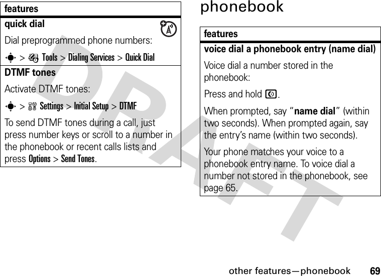 other features—phonebook69phonebookquick dialDial preprogrammed phone numbers:s&gt;ÉTools &gt;Dialing Services &gt;Quick DialDTMF tones Activate DTMF tones:s&gt;wSettings &gt;Initial Setup &gt;DTMFTo send DTMF tones during a call, just press number keys or scroll to a number in the phonebook or recent calls lists and press Options&gt;Send Tones.featuresfeaturesvoice dial a phonebook entry (name dial)Voice dial a number stored in the phonebook:Press and hold N.When prompted, say “name dial” (within two seconds). When prompted again, say the entry’s name (within two seconds).Your phone matches your voice to a phonebook entry name. To voice dial a number not stored in the phonebook, see page 65.