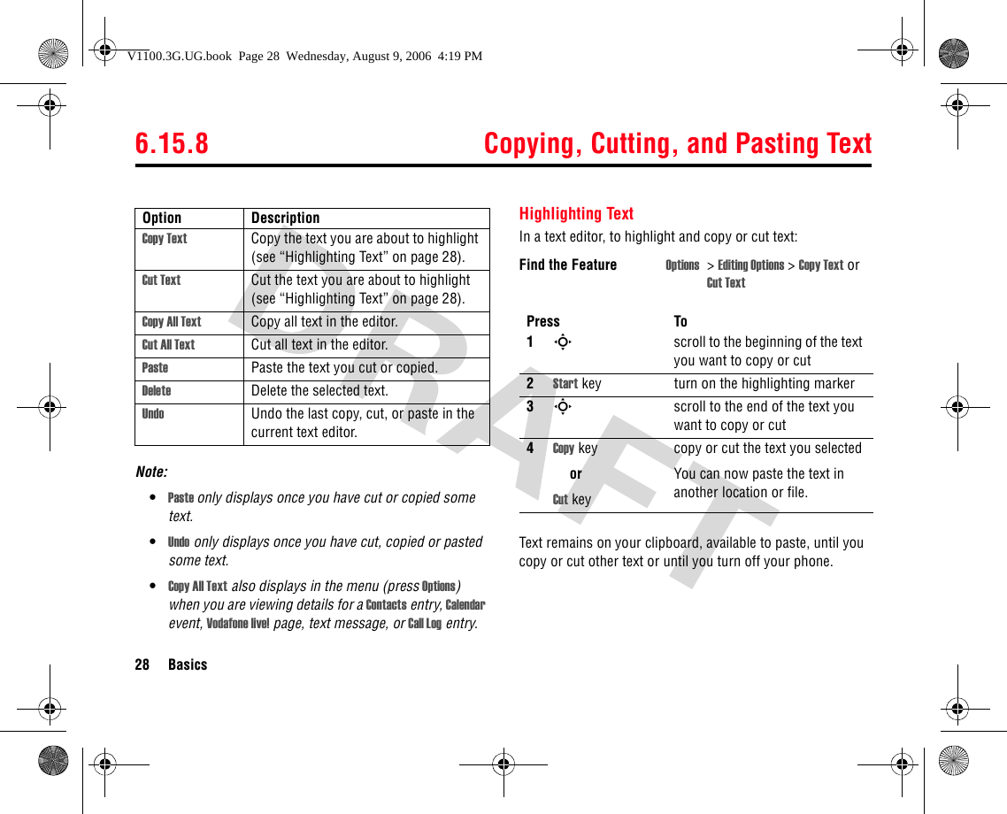 6.15.8 Copying, Cutting, and Pasting Text28 BasicsNote: •Paste only displays once you have cut or copied some text.•Undo only displays once you have cut, copied or pasted some text.•Copy All Text also displays in the menu (press Options) when you are viewing details for a Contacts entry, Calendar event, Vodafone live! page, text message, or Call Log entry.Highlighting TextIn a text editor, to highlight and copy or cut text:Text remains on your clipboard, available to paste, until you copy or cut other text or until you turn off your phone.Option DescriptionCopy Text Copy the text you are about to highlight (see “Highlighting Text” on page 28).Cut Text Cut the text you are about to highlight (see “Highlighting Text” on page 28).Copy All Text Copy all text in the editor.Cut All Text Cut all text in the editor.Paste Paste the text you cut or copied.Delete Delete the selected text.Undo Undo the last copy, cut, or paste in the current text editor.Find the Feature Options &gt;Editing Options &gt; Copy Text or Cut TextPress To1Sscroll to the beginning of the text you want to copy or cut2Start key turn on the highlighting marker3Sscroll to the end of the text you want to copy or cut4Copy keyorCut keycopy or cut the text you selectedYou can now paste the text in another location or file.V1100.3G.UG.book  Page 28  Wednesday, August 9, 2006  4:19 PM