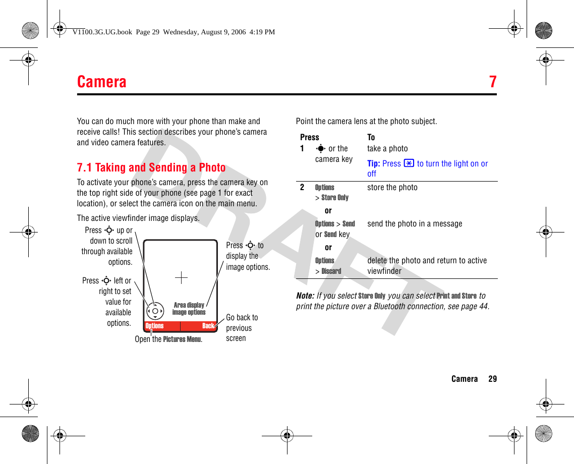 Camera 7Camera 297Camer aYou can do much more with your phone than make and receive calls! This section describes your phone’s camera and video camera features.7.1 Taking and Sending a PhotoTo activate your phone’s camera, press the camera key on the top right side of your phone (see page 1 for exact location), or select the camera icon on the main menu.The active viewfinder image displays.Point the camera lens at the photo subject.Note: If you select Store Only you can select Print and Store to print the picture over a Bluetooth connection, see page 44.Area display image optionsOptions BackPress S up ordown to scrollthrough availableoptions.Press S left orright to setvalue foravailableoptions.Open the Pictures Menu.Go back to previous screenPress S to display the image options.Press To1s or the camera keytake a photoTip: Press * to turn the light on or off2Options &gt;Store Onlystore the photoorOptions &gt; Send or Send keysend the photo in a messageorOptions &gt;Discarddelete the photo and return to active viewfinderV1100.3G.UG.book  Page 29  Wednesday, August 9, 2006  4:19 PM