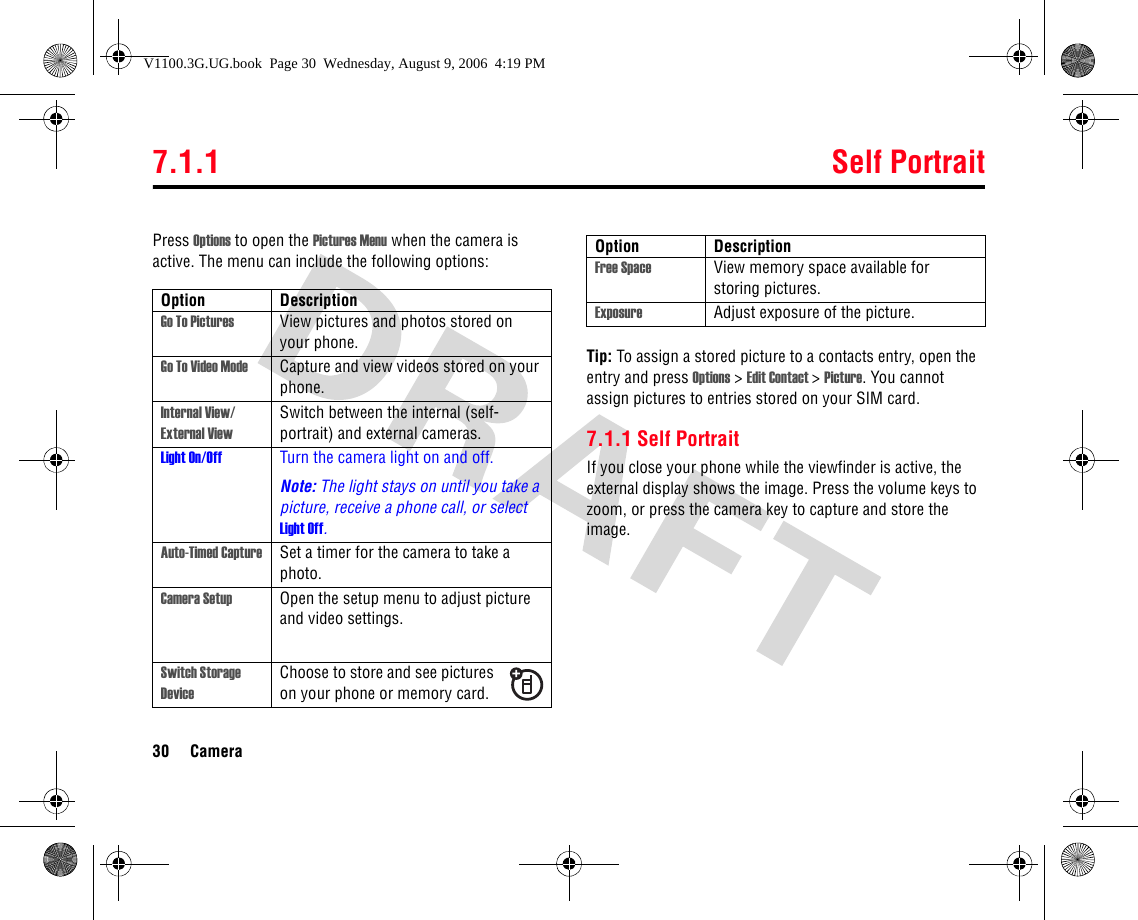 7.1.1 Self Portrait30 CameraPress Options to open the Pictures Menu when the camera is active. The menu can include the following options:Tip: To assign a stored picture to a contacts entry, open the entry and press Options &gt; Edit Contact &gt;Picture. You cannot assign pictures to entries stored on your SIM card.7.1.1 Self PortraitIf you close your phone while the viewfinder is active, the external display shows the image. Press the volume keys to zoom, or press the camera key to capture and store the image.Option DescriptionGo To Pictures View pictures and photos stored on your phone.Go To Video Mode Capture and view videos stored on your phone.Internal View/ External ViewSwitch between the internal (self-portrait) and external cameras.Light On/Off Turn the camera light on and off.Note: The light stays on until you take a picture, receive a phone call, or select Light Off.Auto-Timed Capture Set a timer for the camera to take a photo.Camera Setup Open the setup menu to adjust picture and video settings.Switch Storage DeviceChoose to store and see pictures on your phone or memory card.Free Space View memory space available for storing pictures.Exposure Adjust exposure of the picture.Option DescriptionV1100.3G.UG.book  Page 30  Wednesday, August 9, 2006  4:19 PM