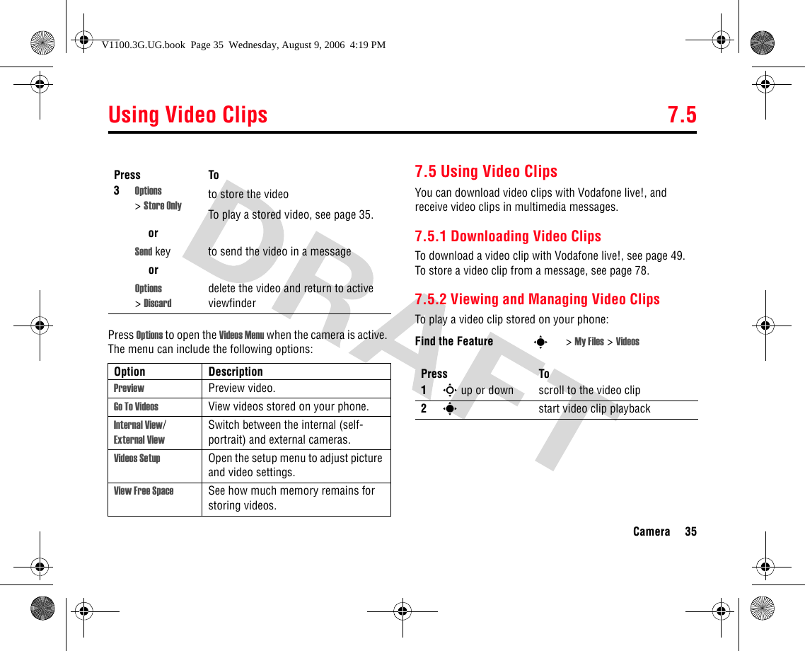 Using Video Clips 7.5Camera 35Press Options to open the Videos Menu when the camera is active. The menu can include the following options:7.5 Using Video ClipsYou can download video clips with Vodafone live!, and receive video clips in multimedia messages.7.5.1 Downloading Video ClipsTo download a video clip with Vodafone live!, see page 49. To store a video clip from a message, see page 78.7.5.2 Viewing and Managing Video ClipsTo play a video clip stored on your phone:3Options &gt;Store Onlyto store the videoTo play a stored video, see page 35.orSend key to send the video in a messageorOptions &gt;Discarddelete the video and return to active viewfinderOption DescriptionPreview Preview video.Go To Videos View videos stored on your phone.Internal View/ External ViewSwitch between the internal (self-portrait) and external cameras.Videos Setup Open the setup menu to adjust picture and video settings.View Free Space See how much memory remains for storing videos.Press ToFind the Feature s&gt;My Files &gt; VideosPress To1S up or down scroll to the video clip2sstart video clip playbackV1100.3G.UG.book  Page 35  Wednesday, August 9, 2006  4:19 PM