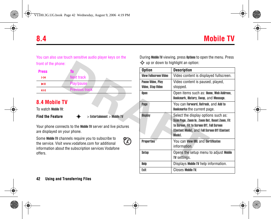 8.4 Mobile TV42 Using and Transferring FilesYou can also use touch sensitive audio player keys on the front of the phone:8.4 Mobile TVTo watch Mobile TV:Your phone connects to the Mobile TV server and live pictures are displayed on your phone. Some Mobile TV channels require you to subscribe to the service. Visit www.vodafone.com for additional information about the subscription services Vodafone offers.During Mobile TV viewing, press Options to open the menu. Press S up or down to highlight an option:Press ToNext trackPlay/pausePrevious trackFind the Feature s&gt; Entertainment &gt; Mobile TVOption DescriptionView Fullscreen Video Video content is displayed fullscreen.Pause Video, Play Video, Stop VideoVideo content is paused, played, stopped.Open Open items such as: Home, Web Address, Bookmark, History, Swap, and Message.Page You can Forward, Refresh, and Add to Bookmarks the current page.Display Select the display options such as: Scan Page, Zoom In, Zoom Out, Reset Zoom, Fit to Screen, Fit to Screen Off, Full Screen (Content Mode), and Full Screen Off (Content Mode).Properties You can View URL and Certificates information.Setup Opens the setup menu to adjust Mobile TV settings.Help Displays Mobile TV help information.Exit Closes Mobile TV.V1100.3G.UG.book  Page 42  Wednesday, August 9, 2006  4:19 PM