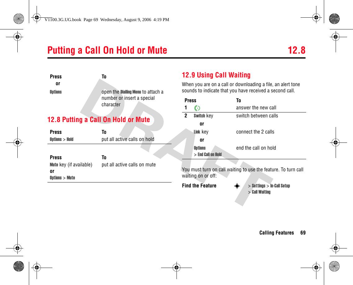 Putting a Call On Hold or Mute 12.8Calling Features 6912.8 Putting a Call On Hold or Mute12.9 Using Call WaitingWhen you are on a call or downloading a file, an alert tone sounds to indicate that you have received a second call.You must turn on call waiting to use the feature. To turn call waiting on or off: orOptions open the Dialling Menu to attach a number or insert a special characterPress ToOptions &gt;Hold put all active calls on holdPress ToMute key (if available) orOptions &gt;Muteput all active calls on mutePress ToPress To1answer the new call2Switch key switch between callsorLink key connect the 2 callsorOptions &gt;End Call on Holdend the call on hold Find the Feature s&gt;Settings &gt; In-Call Setup &gt;Call WaitingV1100.3G.UG.book  Page 69  Wednesday, August 9, 2006  4:19 PM