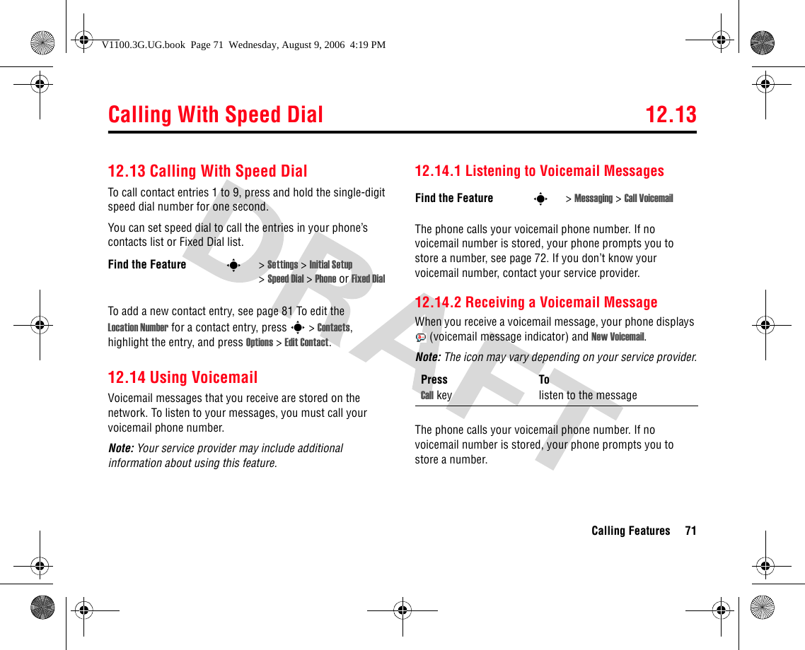 Calling With Speed Dial 12.13Calling Features 7112.13 Calling With Speed DialTo call contact entries 1 to 9, press and hold the single-digit speed dial number for one second.You can set speed dial to call the entries in your phone’s contacts list or Fixed Dial list.To add a new contact entry, see page 81 To edit the Location Number for a contact entry, press s &gt; Contacts, highlight the entry, and press Options &gt; Edit Contact.12.14 Using VoicemailVoicemail messages that you receive are stored on the network. To listen to your messages, you must call your voicemail phone number.Note: Your service provider may include additional information about using this feature.12.14.1 Listening to Voicemail MessagesThe phone calls your voicemail phone number. If no voicemail number is stored, your phone prompts you to store a number, see page 72. If you don’t know your voicemail number, contact your service provider.12.14.2 Receiving a Voicemail MessageWhen you receive a voicemail message, your phone displays  (voicemail message indicator) and New Voicemail.Note: The icon may vary depending on your service provider.The phone calls your voicemail phone number. If no voicemail number is stored, your phone prompts you to store a number.Find the Feature s&gt;Settings &gt; Initial Setup &gt;Speed Dial &gt; Phone or Fixed DialFind the Feature s&gt;Messaging &gt; Call VoicemailPress ToCall key listen to the messageV1100.3G.UG.book  Page 71  Wednesday, August 9, 2006  4:19 PM