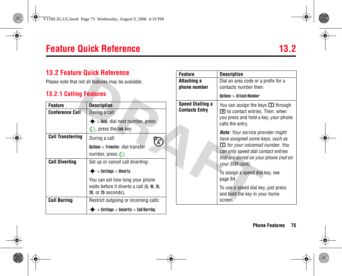 Feature Quick Reference 13.2Phone Features 7513.2 Feature Quick ReferencePlease note that not all features may be available.13.2.1 Calling FeaturesFeature DescriptionConference Call  During a call:s&gt;Hold, dial next number, press , press the Link keyCall Transferring During a call:Options &gt; Transfer, dial transfer number, press Call Diverting Set up or cancel call diverting:s &gt; Settings &gt; DivertsYou can set how long your phone waits before it diverts a call (5, 10, 15, 20, or 25 seconds).Call Barring  Restrict outgoing or incoming calls:s &gt; Settings &gt; Security &gt; Call BarringAttaching a phone numberDial an area code or a prefix for a contacts number then:Options &gt; Attach NumberSpeed Dialling a Contacts Entry You can assign the keys 1 through 9 to contact entries. Then, when you press and hold a key, your phone calls the entry.Note: Your service provider might have assigned some keys, such as 1 for your voicemail number. You can only speed dial contact entries that are stored on your phone (not on your SIM card).To assign a speed dial key, see page 84.To use a speed dial key, just press and hold the key in your home screen.Feature DescriptionV1100.3G.UG.book  Page 75  Wednesday, August 9, 2006  4:19 PM