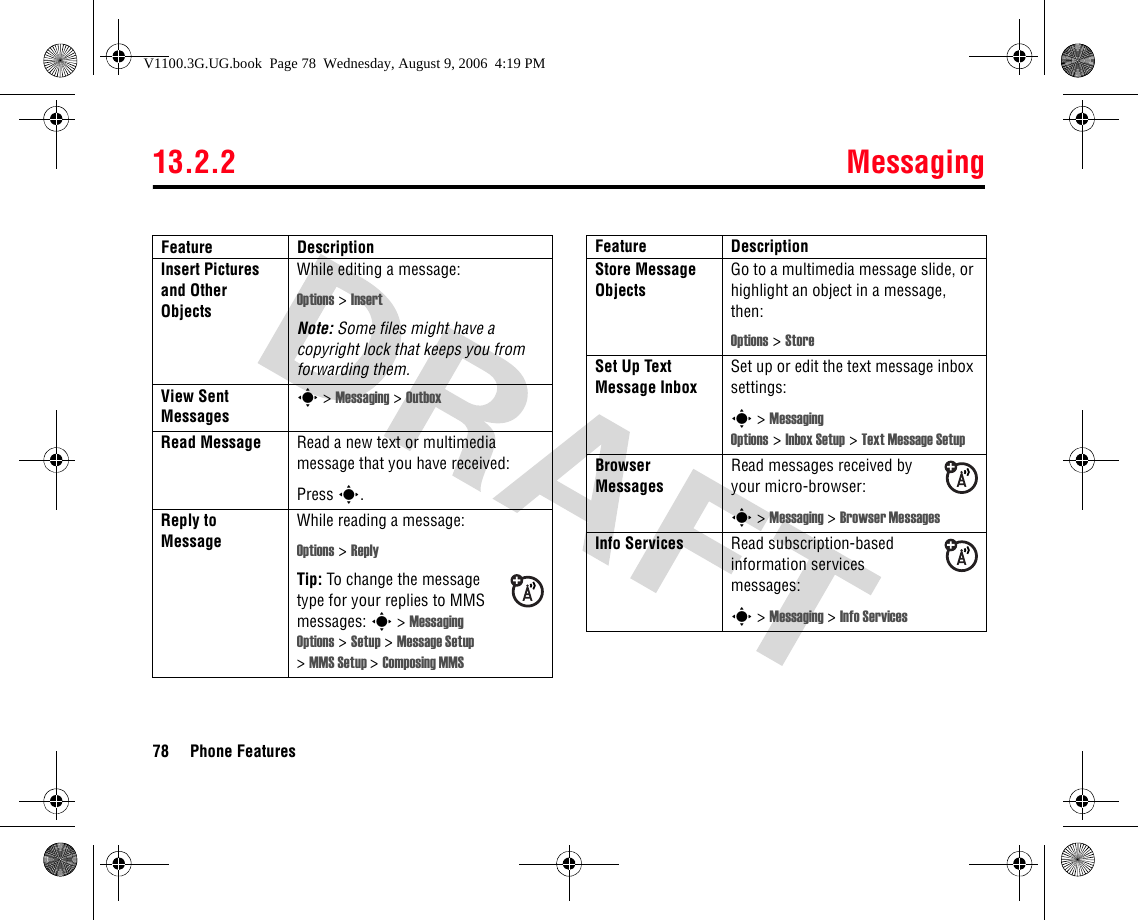13.2.2 Messaging78 Phone FeaturesInsert Pictures and Other ObjectsWhile editing a message:Options &gt; InsertNote: Some files might have a copyright lock that keeps you from forwarding them.View Sent Messagess &gt; Messaging &gt; OutboxRead Message Read a new text or multimedia message that you have received:Press s.Reply to MessageWhile reading a message:Options &gt; ReplyTip: To change the message type for your replies to MMS messages: s&gt;Messaging Options &gt; Setup &gt; Message Setup &gt;MMS Setup &gt;Composing MMSFeature DescriptionStore Message ObjectsGo to a multimedia message slide, or highlight an object in a message, then:Options &gt; StoreSet Up Text Message InboxSet up or edit the text message inbox settings:s&gt;Messaging Options &gt;Inbox Setup &gt; Text Message SetupBrowser MessagesRead messages received by your micro-browser:s &gt; Messaging &gt; Browser MessagesInfo Services Read subscription-based information services messages:s &gt; Messaging &gt; Info ServicesFeature DescriptionV1100.3G.UG.book  Page 78  Wednesday, August 9, 2006  4:19 PM