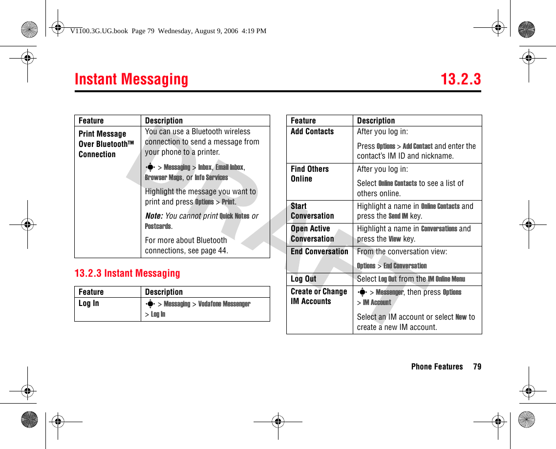 Instant Messaging 13.2.3Phone Features 7913.2.3 Instant MessagingPrint Message Over BluetoothTM ConnectionYou can use a Bluetooth wireless connection to send a message from your phone to a printer.s &gt; Messaging &gt; Inbox, Email Inbox, Browser Msgs, or Info ServicesHighlight the message you want to print and press Options &gt; Print.Note: You cannot print Quick Notes or Postcards.For more about Bluetooth connections, see page 44.Feature DescriptionLog In s &gt; Messaging &gt; Vodafone Messenger &gt;Log InFeature DescriptionAdd Contacts After you log in:Press Options &gt; Add Contact and enter the contact’s IM ID and nickname.Find Others OnlineAfter you log in:Select Online Contacts to see a list of others online.Start ConversationHighlight a name in Online Contacts and press the Send IM key.Open Active ConversationHighlight a name in Conversations and press the View key.End Conversation From the conversation view:Options &gt; End ConversationLog Out Select Log Out from the IM Online MenuCreate or Change IM Accountss &gt; Messenger, then press Options &gt; IM AccountSelect an IM account or select New to create a new IM account.Feature DescriptionV1100.3G.UG.book  Page 79  Wednesday, August 9, 2006  4:19 PM