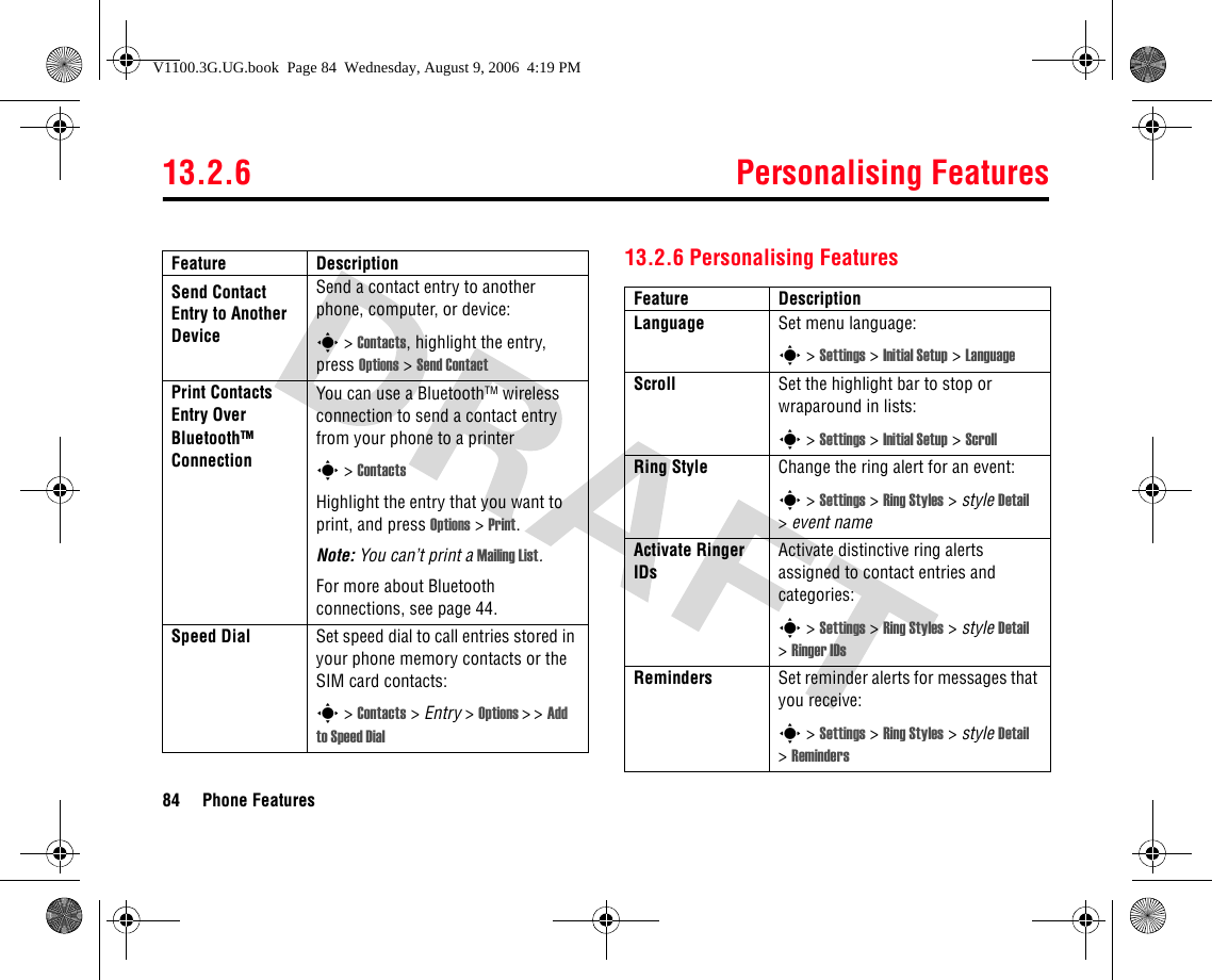 13.2.6 Personalising Features84 Phone Features13.2.6 Personalising FeaturesSend Contact Entry to Another DeviceSend a contact entry to another phone, computer, or device:s &gt; Contacts, highlight the entry, press Options &gt; Send ContactPrint Contacts Entry Over BluetoothTM ConnectionYou can use a BluetoothTM wireless connection to send a contact entry from your phone to a printers &gt; ContactsHighlight the entry that you want to print, and press Options &gt; Print.Note: You can’t print a Mailing List.For more about Bluetooth connections, see page 44.Speed Dial Set speed dial to call entries stored in your phone memory contacts or the SIM card contacts:s &gt; Contacts &gt; Entry &gt; Options &gt; &gt;Add to Speed DialFeature DescriptionFeature DescriptionLanguage Set menu language:s &gt; Settings &gt; Initial Setup &gt; LanguageScroll Set the highlight bar to stop or wraparound in lists:s &gt; Settings &gt; Initial Setup &gt; ScrollRing Style  Change the ring alert for an event:s &gt; Settings &gt; Ring Styles &gt; style Detail &gt;event nameActivate Ringer IDsActivate distinctive ring alerts assigned to contact entries and categories:s &gt; Settings &gt; Ring Styles &gt; style Detail &gt;Ringer IDsReminders Set reminder alerts for messages that you receive:s &gt; Settings &gt; Ring Styles &gt; style Detail &gt;RemindersV1100.3G.UG.book  Page 84  Wednesday, August 9, 2006  4:19 PM