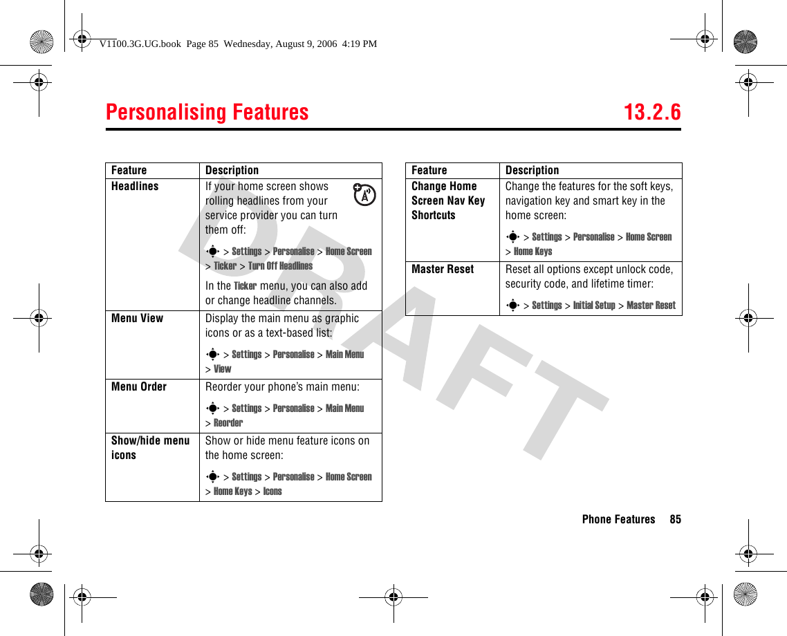 Personalising Features 13.2.6Phone Features 85Headlines If your home screen shows rolling headlines from your service provider you can turn them off:s &gt; Settings &gt; Personalise &gt; Home Screen &gt; Ticker &gt; Turn Off HeadlinesIn the Ticker menu, you can also add or change headline channels.Menu View Display the main menu as graphic icons or as a text-based list:s &gt; Settings &gt; Personalise &gt; Main Menu &gt;ViewMenu Order Reorder your phone’s main menu:s &gt; Settings &gt; Personalise &gt; Main Menu &gt;ReorderShow/hide menu iconsShow or hide menu feature icons on the home screen:s &gt; Settings &gt; Personalise &gt; Home Screen &gt;Home Keys &gt; IconsFeature DescriptionChange Home Screen Nav Key ShortcutsChange the features for the soft keys, navigation key and smart key in the home screen:s &gt; Settings &gt; Personalise &gt; Home Screen &gt;Home KeysMaster Reset Reset all options except unlock code, security code, and lifetime timer:s &gt; Settings &gt; Initial Setup &gt; Master ResetFeature DescriptionV1100.3G.UG.book  Page 85  Wednesday, August 9, 2006  4:19 PM