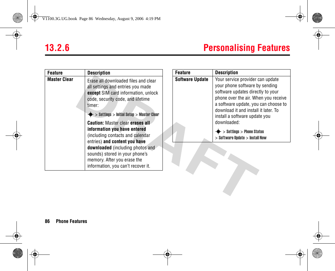 13.2.6 Personalising Features86 Phone FeaturesMaster Clear  Erase all downloaded files and clear all settings and entries you made except SIM card information, unlock code, security code, and lifetime timer:s &gt; Settings &gt; Initial Setup &gt; Master ClearCaution: Master clear erases all information you have entered (including contacts and calendar entries) and content you have downloaded (including photos and sounds) stored in your phone’s memory. After you erase the information, you can’t recover it.Feature DescriptionSoftware Update Your service provider can update your phone software by sending software updates directly to your phone over the air. When you receive a software update, you can choose to download it and install it later. To install a software update you downloaded:s &gt; Settings &gt; Phone Status &gt;Software Update &gt; Install NowFeature DescriptionV1100.3G.UG.book  Page 86  Wednesday, August 9, 2006  4:19 PM