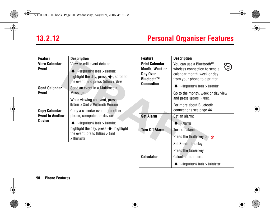 13.2.12 Personal Organiser Features90 Phone FeaturesView Calendar EventView or edit event details:s &gt; Organiser &amp; Tools &gt; Calendar, highlight the day, press s, scroll to the event, and press Options &gt; ViewSend Calendar EventSend an event in a Multimedia Message:While viewing an event, press Options &gt;Send &gt; Multimedia MessageCopy Calendar Event to Another DeviceCopy a calendar event to another phone, computer, or device:s &gt; Organiser &amp; Tools &gt; Calendar, highlight the day, press s, highlight the event, press Options &gt;Send &gt;BluetoothFeature DescriptionPrint Calendar Month, Week or Day Over BluetoothTM ConnectionYou can use a BluetoothTM wireless connection to send a calendar month, week or day from your phone to a printer.s &gt; Organiser &amp; Tools &gt; CalendarGo to the month, week or day view and press Options &gt; Print.For more about Bluetooth connections see page 44.Set Alarm Set an alarm:s &gt; AlarmsTurn Off Alarm  Turn off alarm:Press the Disable key or  .Set 8-minute delay:Press the Snooze key.Calculator Calculate numbers:s &gt; Organiser &amp; Tools &gt; CalculatorFeature DescriptionV1100.3G.UG.book  Page 90  Wednesday, August 9, 2006  4:19 PM