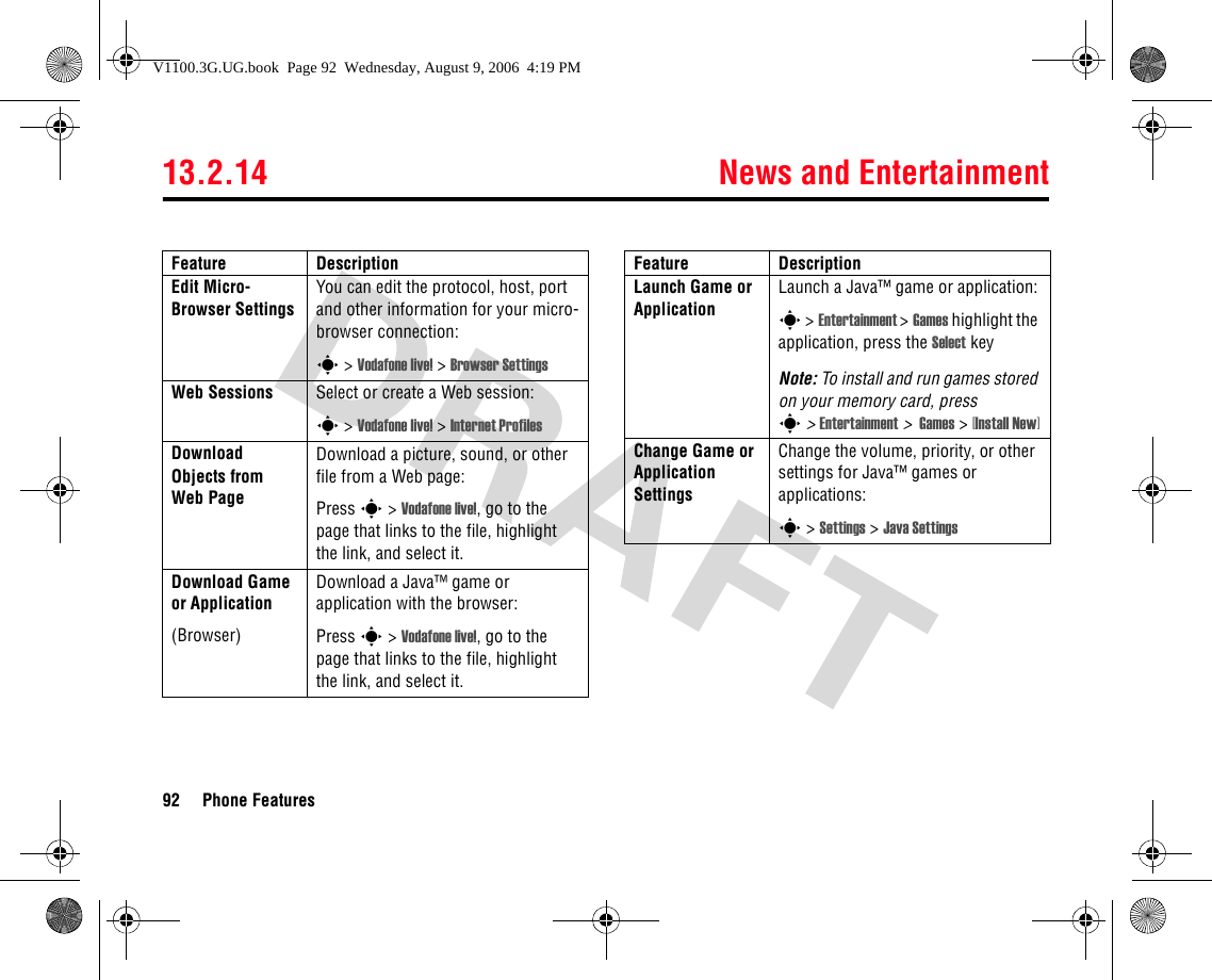 13.2.14 News and Entertainment92 Phone FeaturesEdit Micro-Browser SettingsYou can edit the protocol, host, port and other information for your micro-browser connection:s &gt; Vodafone live! &gt; Browser SettingsWeb Sessions Select or create a Web session:s &gt; Vodafone live! &gt; Internet ProfilesDownload Objects from Web PageDownload a picture, sound, or other file from a Web page:Press s &gt; Vodafone live!, go to the page that links to the file, highlight the link, and select it.Download Game or Application(Browser)Download a Java™ game or application with the browser:Press s &gt; Vodafone live!, go to the page that links to the file, highlight the link, and select it.Feature DescriptionLaunch Game or ApplicationLaunch a Java™ game or application:s &gt; Entertainment &gt;Games highlight the application, press the Select keyNote: To install and run games stored on your memory card, press s&gt;Entertainment &gt; Games &gt; [Install New]Change Game or Application SettingsChange the volume, priority, or other settings for Java™ games or applications:s &gt; Settings &gt; Java SettingsFeature DescriptionV1100.3G.UG.book  Page 92  Wednesday, August 9, 2006  4:19 PM