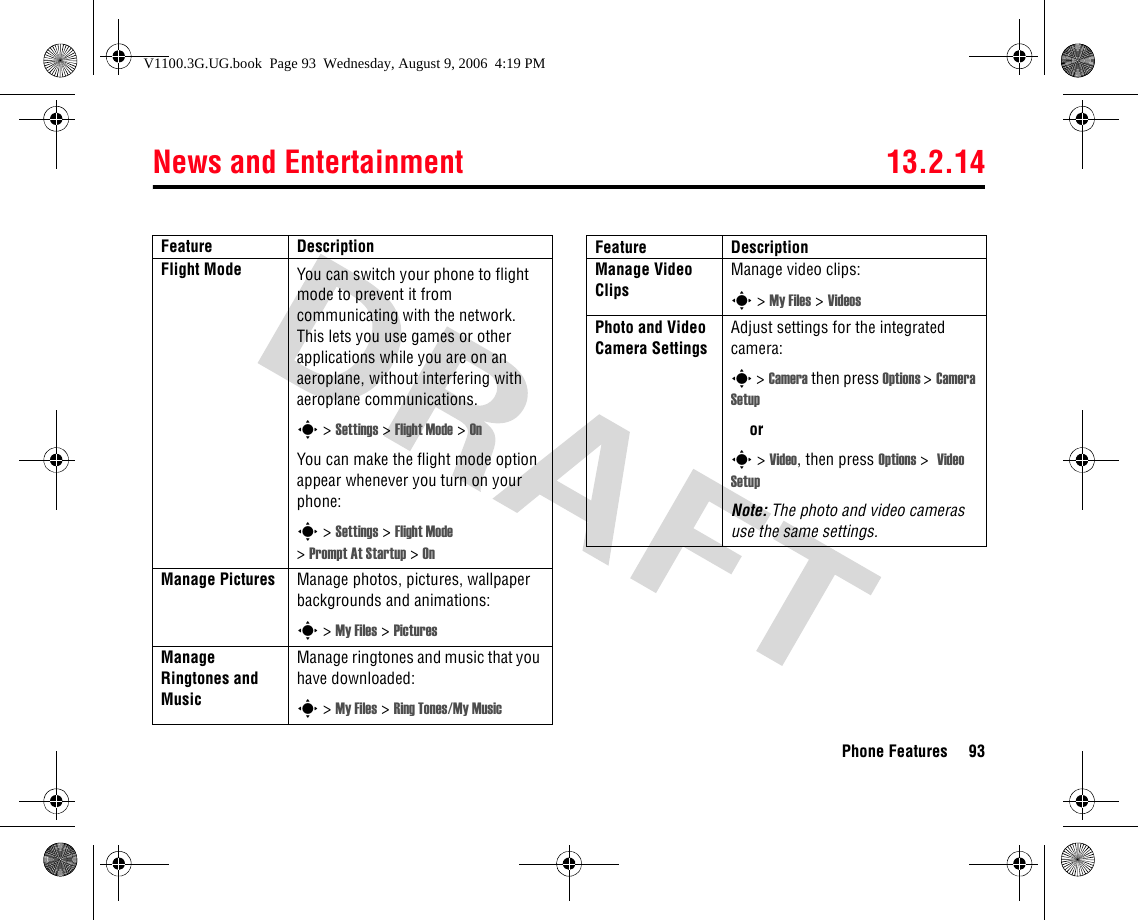 News and Entertainment 13.2.14Phone Features 93Flight Mode You can switch your phone to flight mode to prevent it from communicating with the network. This lets you use games or other applications while you are on an aeroplane, without interfering with aeroplane communications.s &gt; Settings &gt; Flight Mode &gt; OnYou can make the flight mode option appear whenever you turn on your phone:s &gt; Settings &gt; Flight Mode &gt;Prompt At Startup &gt; OnManage Pictures Manage photos, pictures, wallpaper backgrounds and animations:s &gt; My Files &gt; PicturesManage Ringtones and MusicManage ringtones and music that you have downloaded:s &gt; My Files &gt; Ring Tones/My MusicFeature DescriptionManage Video ClipsManage video clips:s &gt; My Files &gt; VideosPhoto and Video Camera SettingsAdjust settings for the integrated camera:s &gt; Camera then press Options &gt; Camera Setupors &gt; Video, then press Options &gt; Video SetupNote: The photo and video cameras use the same settings.Feature DescriptionV1100.3G.UG.book  Page 93  Wednesday, August 9, 2006  4:19 PM