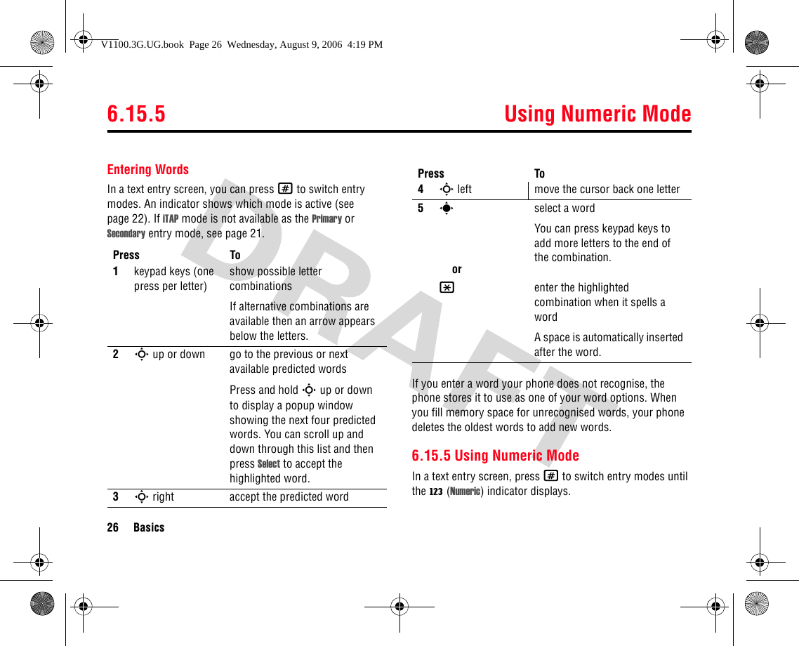 6.15.5 Using Numeric Mode26 BasicsEntering WordsIn a text entry screen, you can press # to switch entry modes. An indicator shows which mode is active (see page 22). If iTAP mode is not available as the Primary or Secondary entry mode, see page 21.If you enter a word your phone does not recognise, the phone stores it to use as one of your word options. When you fill memory space for unrecognised words, your phone deletes the oldest words to add new words.6.15.5 Using Numeric ModeIn a text entry screen, press # to switch entry modes until the W (Numeric) indicator displays.Press To1keypad keys (one press per letter)show possible letter combinationsIf alternative combinations are available then an arrow appears below the letters.2S up or down go to the previous or next available predicted wordsPress and hold S up or down to display a popup window showing the next four predicted words. You can scroll up and down through this list and then press Select to accept the highlighted word.3S right accept the predicted word4S left move the cursor back one letter5sorselect a wordYou can press keypad keys to add more letters to the end of the combination.*enter the highlighted combination when it spells a wordA space is automatically inserted after the word. Press ToV1100.3G.UG.book  Page 26  Wednesday, August 9, 2006  4:19 PM