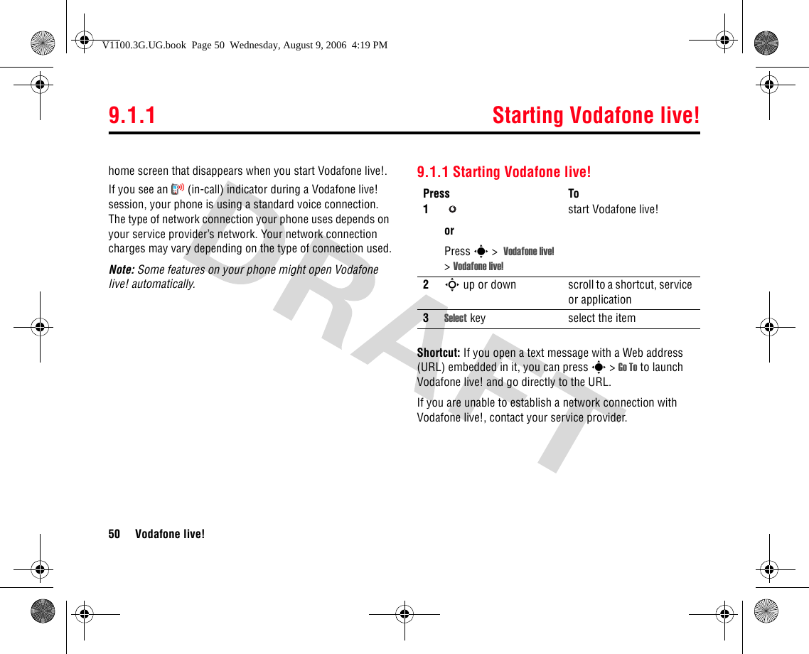 9.1.1 Starting Vodafone live!50 Vodafone live!home screen that disappears when you start Vodafone live!. If you see an   (in-call) indicator during a Vodafone live! session, your phone is using a standard voice connection. The type of network connection your phone uses depends on your service provider’s network. Your network connection charges may vary depending on the type of connection used.Note: Some features on your phone might open Vodafone live! automatically.9.1.1 Starting Vodafone live!Shortcut: If you open a text message with a Web address (URL) embedded in it, you can press s&gt;Go To to launch Vodafone live! and go directly to the URL.If you are unable to establish a network connection with Vodafone live!, contact your service provider.Press To1orPress s &gt;  Vodafone live! &gt;Vodafone live!start Vodafone live!2S up or down scroll to a shortcut, service or application3Select key select the itemV1100.3G.UG.book  Page 50  Wednesday, August 9, 2006  4:19 PM
