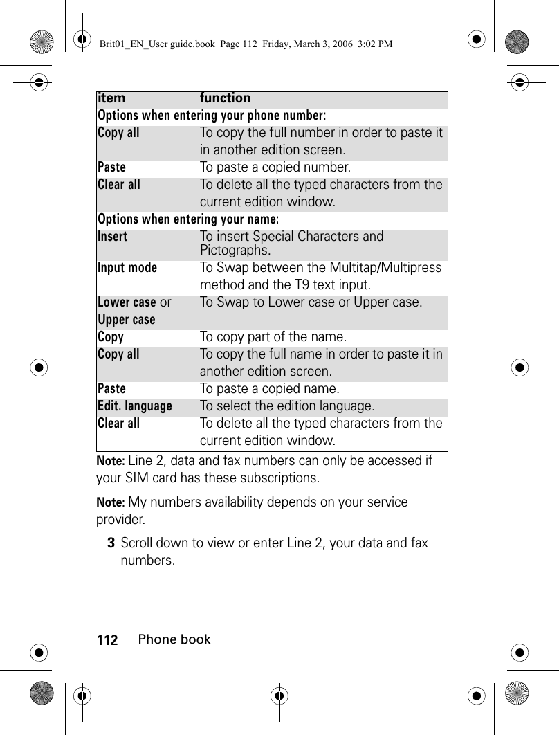 112Phone bookNote: Line 2, data and fax numbers can only be accessed if your SIM card has these subscriptions.Note: My numbers availability depends on your service provider.item functionOptions when entering your phone number:Copy allTo copy the full number in order to paste it in another edition screen.PasteTo paste a copied number.Clear allTo delete all the typed characters from the current edition window.Options when entering your name:InsertTo insert Special Characters and Pictographs.Input modeTo Swap between the Multitap/Multipress method and the T9 text input.Lower case or Upper caseTo Swap to Lower case or Upper case.CopyTo copy part of the name.Copy allTo copy the full name in order to paste it in another edition screen.PasteTo paste a copied name.Edit. languageTo select the edition language.Clear allTo delete all the typed characters from the current edition window.3Scroll down to view or enter Line 2, your data and fax numbers.Brit01_EN_User guide.book  Page 112  Friday, March 3, 2006  3:02 PM