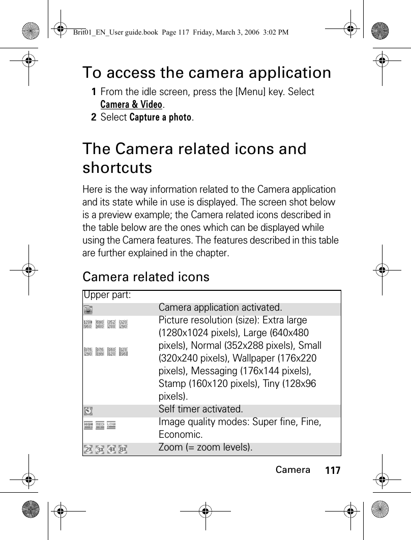 117CameraTo access the camera applicationThe Camera related icons and shortcutsHere is the way information related to the Camera application and its state while in use is displayed. The screen shot below is a preview example; the Camera related icons described in the table below are the ones which can be displayed while using the Camera features. The features described in this table are further explained in the chapter.Camera related icons1From the idle screen, press the [Menu] key. Select Camera &amp; Video.2Select Capture a photo.Upper part:Camera application activated.       Picture resolution (size): Extra large (1280x1024 pixels), Large (640x480 pixels), Normal (352x288 pixels), Small (320x240 pixels), Wallpaper (176x220 pixels), Messaging (176x144 pixels), Stamp (160x120 pixels), Tiny (128x96 pixels).Self timer activated.   Image quality modes: Super fine, Fine, Economic.    Zoom (= zoom levels).Brit01_EN_User guide.book  Page 117  Friday, March 3, 2006  3:02 PM