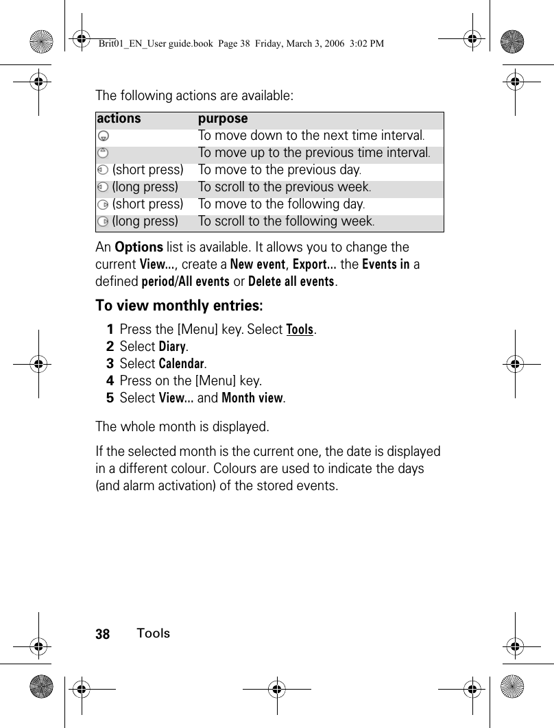 38ToolsThe following actions are available:An Options list is available. It allows you to change the current View..., create a New event, Export... the Events in a defined period/All events or Delete all events.To view monthly entries:The whole month is displayed. If the selected month is the current one, the date is displayed in a different colour. Colours are used to indicate the days (and alarm activation) of the stored events. actions purposeTo move down to the next time interval.To move up to the previous time interval. (short press) To move to the previous day. (long press) To scroll to the previous week. (short press) To move to the following day. (long press) To scroll to the following week.1Press the [Menu] key. Select Tools.2Select Diary.3Select Calendar. 4Press on the [Menu] key.5Select View... and Month view. Brit01_EN_User guide.book  Page 38  Friday, March 3, 2006  3:02 PM