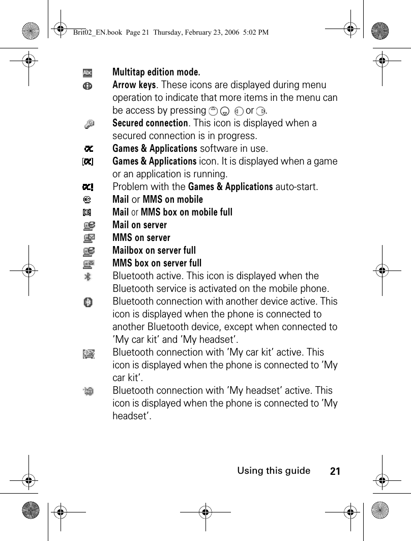 21Using this guideMultitap edition mode.Arrow keys. These icons are displayed during menu operation to indicate that more items in the menu can be access by pressing       or . Secured connection. This icon is displayed when a secured connection is in progress.Games &amp; Applications software in use.Games &amp; Applications icon. It is displayed when a game or an application is running.Problem with the Games &amp; Applications auto-start.Mail or MMS on mobileMail or MMS box on mobile fullMail on serverMMS on serverMailbox on server fullMMS box on server fullBluetooth active. This icon is displayed when the Bluetooth service is activated on the mobile phone.Bluetooth connection with another device active. This icon is displayed when the phone is connected to another Bluetooth device, except when connected to ’My car kit’ and ’My headset’.Bluetooth connection with ’My car kit’ active. This icon is displayed when the phone is connected to ’My car kit’.Bluetooth connection with ’My headset’ active. This icon is displayed when the phone is connected to ’My headset’.Brit02_EN.book  Page 21  Thursday, February 23, 2006  5:02 PM