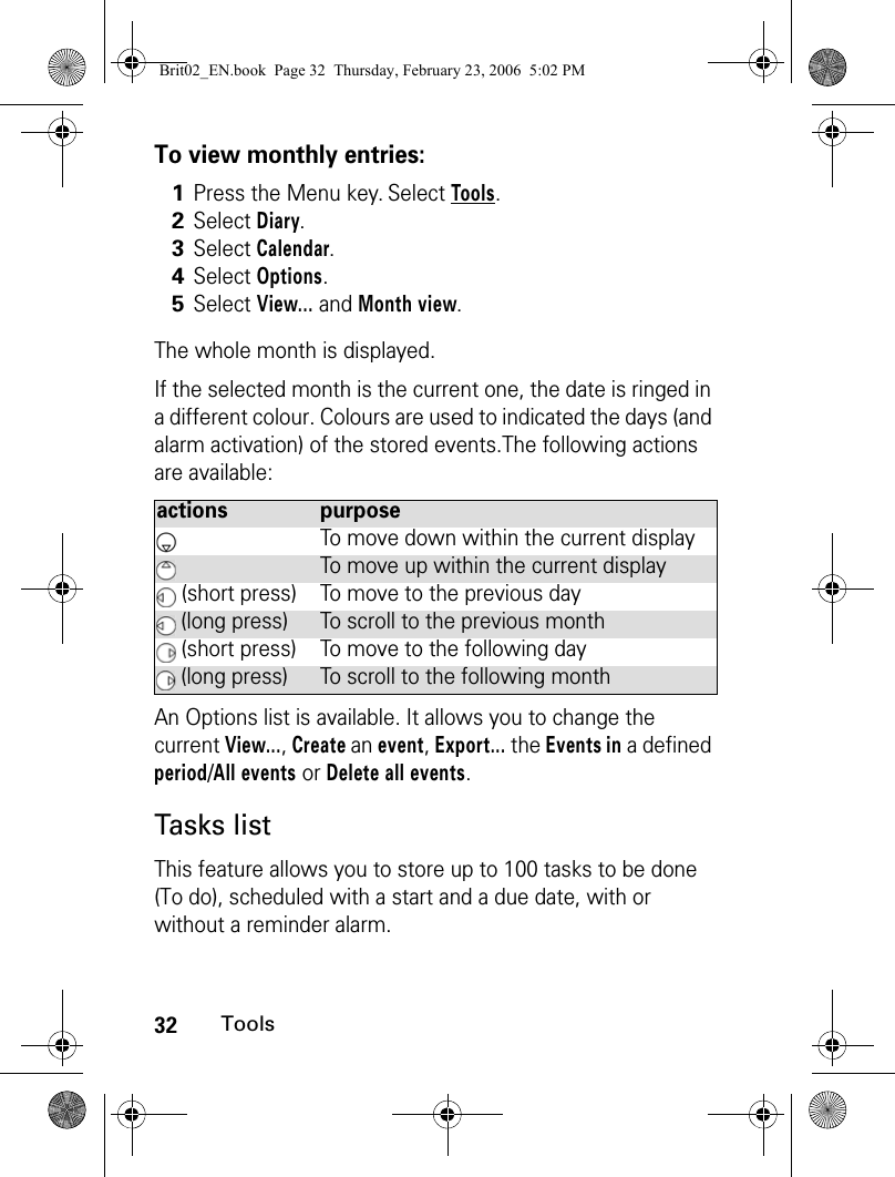 32ToolsTo view monthly entries:The whole month is displayed. If the selected month is the current one, the date is ringed in a different colour. Colours are used to indicated the days (and alarm activation) of the stored events.The following actions are available:An Options list is available. It allows you to change the current View..., Create an event, Export... the Events in a defined period/All events or Delete all events.Tasks listThis feature allows you to store up to 100 tasks to be done (To do), scheduled with a start and a due date, with or without a reminder alarm.1Press the Menu key. Select Tools.2Select Diary.3Select Calendar. 4Select Options.5Select View... and Month view. actions purposeTo move down within the current displayTo move up within the current display (short press) To move to the previous day (long press) To scroll to the previous month (short press) To move to the following day (long press) To scroll to the following monthBrit02_EN.book  Page 32  Thursday, February 23, 2006  5:02 PM