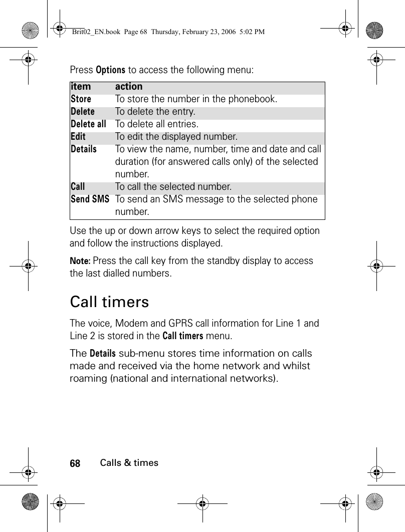 68Calls &amp; timesPress Options to access the following menu:Use the up or down arrow keys to select the required option and follow the instructions displayed.Note: Press the call key from the standby display to access the last dialled numbers. Call timersThe voice, Modem and GPRS call information for Line 1 and Line 2 is stored in the Call timers menu.The Details sub-menu stores time information on calls made and received via the home network and whilst roaming (national and international networks).item actionStoreTo store the number in the phonebook.DeleteTo delete the entry.Delete allTo delete all entries.EditTo edit the displayed number.DetailsTo view the name, number, time and date and call duration (for answered calls only) of the selected number.CallTo call the selected number.Send SMSTo send an SMS message to the selected phone number.Brit02_EN.book  Page 68  Thursday, February 23, 2006  5:02 PM