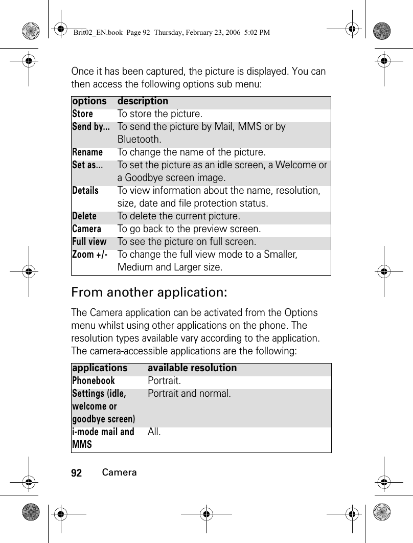 92CameraOnce it has been captured, the picture is displayed. You can then access the following options sub menu: From another application:The Camera application can be activated from the Options menu whilst using other applications on the phone. The resolution types available vary according to the application. The camera-accessible applications are the following:options descriptionStoreTo store the picture.Send by...To send the picture by Mail, MMS or by Bluetooth.RenameTo change the name of the picture.Set as...To set the picture as an idle screen, a Welcome or a Goodbye screen image.DetailsTo view information about the name, resolution, size, date and file protection status.DeleteTo delete the current picture.CameraTo go back to the preview screen.Full viewTo see the picture on full screen.Zoom +/-To change the full view mode to a Smaller, Medium and Larger size.applications available resolutionPhonebookPortrait.Settings (idle, welcome or goodbye screen)Portrait and normal.i-mode mail and MMSAll.Brit02_EN.book  Page 92  Thursday, February 23, 2006  5:02 PM