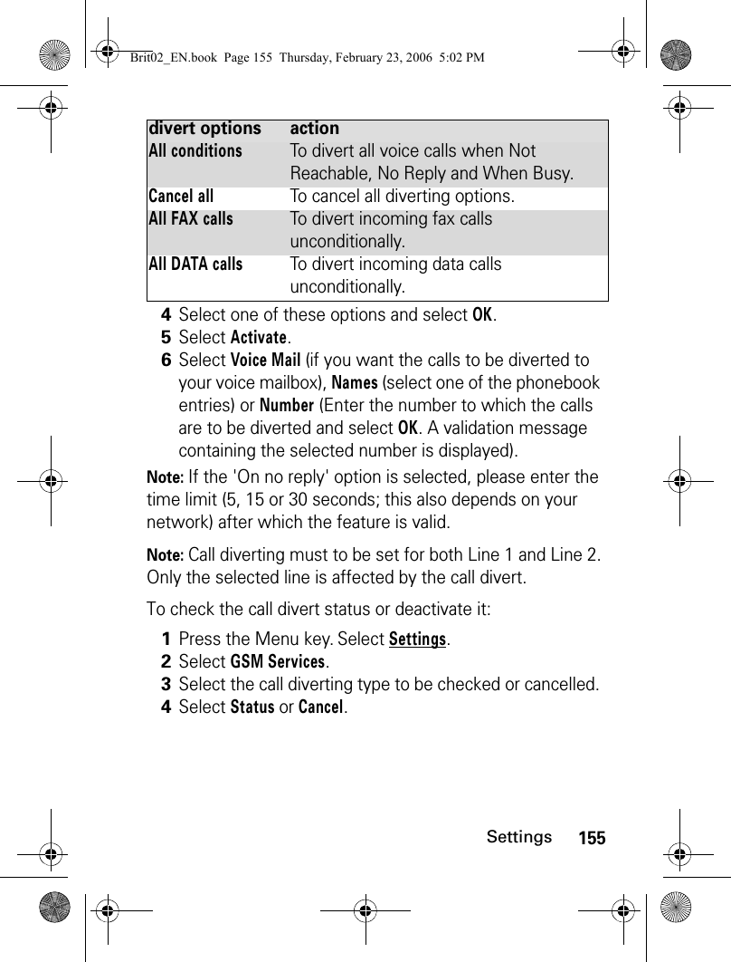 155SettingsNote: If the &apos;On no reply&apos; option is selected, please enter the time limit (5, 15 or 30 seconds; this also depends on your network) after which the feature is valid.Note: Call diverting must to be set for both Line 1 and Line 2. Only the selected line is affected by the call divert.To check the call divert status or deactivate it:All conditionsTo divert all voice calls when Not Reachable, No Reply and When Busy.Cancel allTo cancel all diverting options.All FAX callsTo divert incoming fax calls unconditionally.All DATA callsTo divert incoming data calls unconditionally.4Select one of these options and select OK.5Select Activate.6Select Voice Mail (if you want the calls to be diverted to your voice mailbox), Names (select one of the phonebook entries) or Number (Enter the number to which the calls are to be diverted and select OK. A validation message containing the selected number is displayed).1Press the Menu key. Select Settings.2Select GSM Services. 3Select the call diverting type to be checked or cancelled. 4Select Status or Cancel.divert options actionBrit02_EN.book  Page 155  Thursday, February 23, 2006  5:02 PM