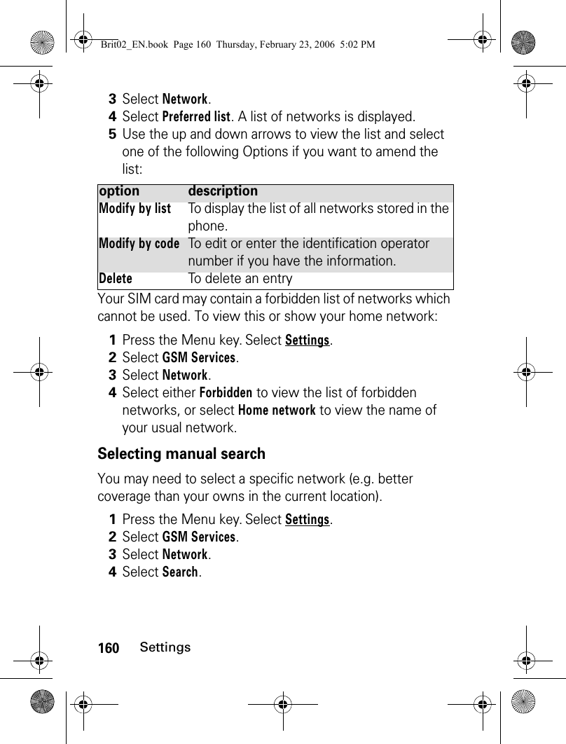 160SettingsYour SIM card may contain a forbidden list of networks which cannot be used. To view this or show your home network:Selecting manual searchYou may need to select a specific network (e.g. better coverage than your owns in the current location). 3Select Network.4Select Preferred list. A list of networks is displayed.5Use the up and down arrows to view the list and select one of the following Options if you want to amend the list:option descriptionModify by listTo display the list of all networks stored in the phone.Modify by codeTo edit or enter the identification operator number if you have the information.DeleteTo delete an entry1Press the Menu key. Select Settings.2Select GSM Services.3Select Network.4Select either Forbidden to view the list of forbidden networks, or select Home network to view the name of your usual network.1Press the Menu key. Select Settings.2Select GSM Services. 3Select Network. 4Select Search.Brit02_EN.book  Page 160  Thursday, February 23, 2006  5:02 PM