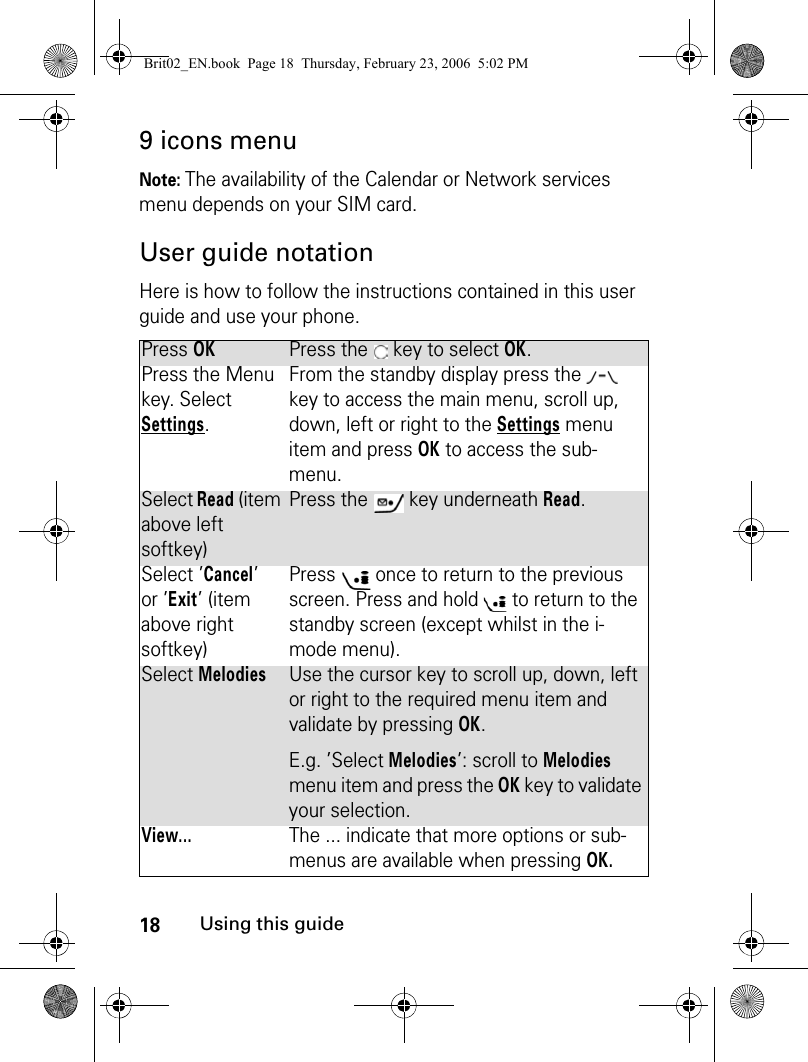 18Using this guide9 icons menuNote: The availability of the Calendar or Network services menu depends on your SIM card.User guide notationHere is how to follow the instructions contained in this user guide and use your phone. Press OKPress the   key to select OK.Press the Menu key. Select Settings.From the standby display press the   key to access the main menu, scroll up, down, left or right to the Settings menu item and press OK to access the sub-menu.Select Read (item above left softkey)Press the   key underneath Read.Select ’Cancel’or ’Exit’ (item above right softkey)Press   once to return to the previous screen. Press and hold   to return to the standby screen (except whilst in the i-mode menu).Select MelodiesUse the cursor key to scroll up, down, left or right to the required menu item and validate by pressing OK.E.g. ’Select Melodies’: scroll to Melodies menu item and press the OK key to validate your selection.View...The ... indicate that more options or sub-menus are available when pressing OK.Brit02_EN.book  Page 18  Thursday, February 23, 2006  5:02 PM