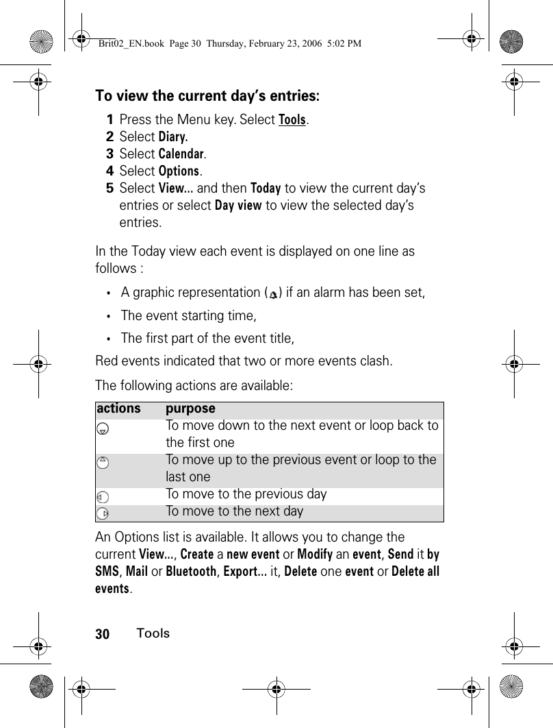 30ToolsTo view the current day’s entries:In the Today view each event is displayed on one line as follows :•A graphic representation ( ) if an alarm has been set,•The event starting time,•The first part of the event title,Red events indicated that two or more events clash.The following actions are available:An Options list is available. It allows you to change the current View..., Create a new event or Modify an event, Send it by SMS, Mail or Bluetooth, Export... it, Delete one event or Delete all events.1Press the Menu key. Select Tools.2Select Diary.3Select Calendar. 4Select Options.5Select View... and then Today to view the current day’s entries or select Day view to view the selected day’s entries.actions purposeTo move down to the next event or loop back to the first oneTo move up to the previous event or loop to the last oneTo move to the previous dayTo move to the next dayBrit02_EN.book  Page 30  Thursday, February 23, 2006  5:02 PM