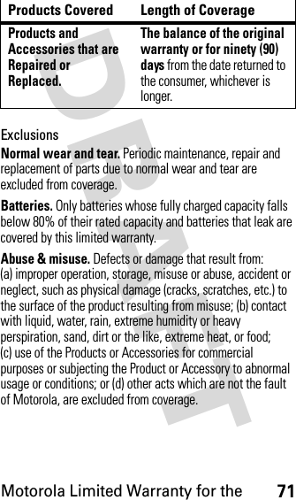 Motorola Limited Warranty for the71DRAFT ExclusionsNormal wear and tear. Periodic maintenance, repair and replacement of parts due to normal wear and tear are excluded from coverage.Batteries. Only batteries whose fully charged capacity falls below 80% of their rated capacity and batteries that leak are covered by this limited warranty.Abuse &amp; misuse. Defects or damage that result from: (a) improper operation, storage, misuse or abuse, accident or neglect, such as physical damage (cracks, scratches, etc.) to the surface of the product resulting from misuse; (b) contact with liquid, water, rain, extreme humidity or heavy perspiration, sand, dirt or the like, extreme heat, or food; (c) use of the Products or Accessories for commercial purposes or subjecting the Product or Accessory to abnormal usage or conditions; or (d) other acts which are not the fault of Motorola, are excluded from coverage.Products and Accessories that are Repaired or Replaced.The balance of the original warranty or for ninety (90) days from the date returned to the consumer, whichever is longer.Products Covered Length of Coverage