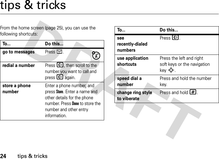 24tips &amp; trickstips &amp; tricksFrom the home screen (page 25), you can use the following shortcuts:To... Do this...go to messagesPress e. redial a numberPress N, then scroll to the number you want to call and press N again. store a phone numberEnter a phone number, and press Store. Enter a name and other details for the phone number. Press Done to store the number and other entry information.see recently-dialed numbersPress N.use application shortcutsPress the left and right soft keys or the navigation key S.speed dial a numberPress and hold the number key.change ring style to viberatePress and hold #.To... Do this...