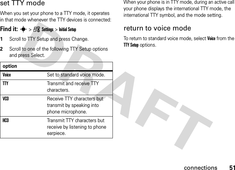 51connectionsset TTY modeWhen you set your phone to a TTY mode, it operates in that mode whenever the TTY devices is connected:Find it: s &gt; Z Settings &gt; Initial Setup1Scroll to TTY Setup and press Change.2Scroll to one of the following TTY Setup options and press Select.When your phone is in TTY mode, during an active call your phone displays the international TTY mode, the international TTY symbol, and the mode setting.return to voice modeTo return to standard voice mode, select Voice from the TTY Setup options.optionVoiceSet to standard voice mode.TTYTransmit and receive TTY characters.VCOReceive TTY characters but transmit by speaking into phone microphone.HCOTransmit TTY characters but receive by listening to phone earpiece.