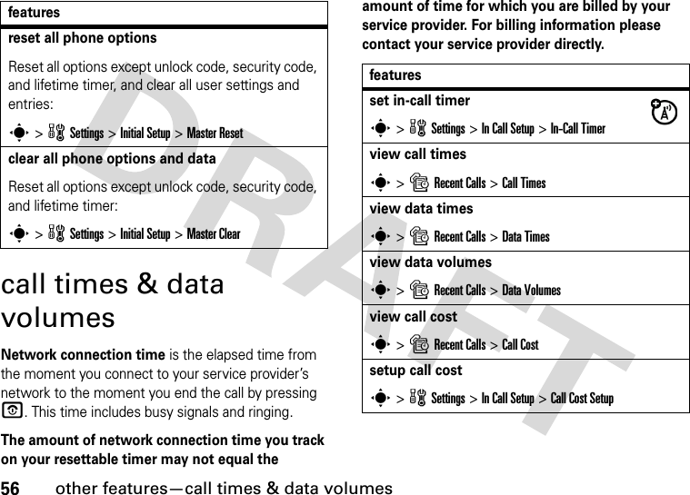 56other features—call times &amp; data volumescall times &amp; data volumesNetwork connection time is the elapsed time from the moment you connect to your service provider’s network to the moment you end the call by pressing O. This time includes busy signals and ringing.The amount of network connection time you track on your resettable timer may not equal the amount of time for which you are billed by your service provider. For billing information please contact your service provider directly.reset all phone optionsReset all options except unlock code, security code, and lifetime timer, and clear all user settings and entries:s &gt; w Settings &gt; Initial Setup &gt; Master Resetclear all phone options and dataReset all options except unlock code, security code, and lifetime timer:s &gt; w Settings &gt; Initial Setup &gt; Master Clearfeaturesfeaturesset in-call timers &gt; w Settings &gt; In Call Setup &gt; In-Call Timerview call timess &gt; s Recent Calls &gt; Call Timesview data timess &gt; s Recent Calls &gt; Data Timesview data volumess &gt; s Recent Calls &gt; Data Volumesview call costs &gt; s Recent Calls &gt; Call Costsetup call costs &gt; w Settings &gt; In Call Setup &gt; Call Cost Setup