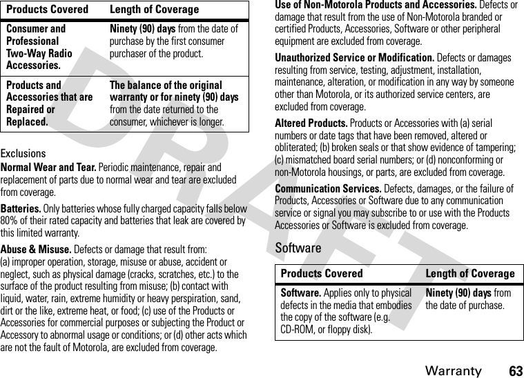 Warranty63ExclusionsNormal Wear and Tear. Periodic maintenance, repair and replacement of parts due to normal wear and tear are excluded from coverage.Batteries. Only batteries whose fully charged capacity falls below 80% of their rated capacity and batteries that leak are covered by this limited warranty.Abuse &amp; Misuse. Defects or damage that result from: (a) improper operation, storage, misuse or abuse, accident or neglect, such as physical damage (cracks, scratches, etc.) to the surface of the product resulting from misuse; (b) contact with liquid, water, rain, extreme humidity or heavy perspiration, sand, dirt or the like, extreme heat, or food; (c) use of the Products or Accessories for commercial purposes or subjecting the Product or Accessory to abnormal usage or conditions; or (d) other acts which are not the fault of Motorola, are excluded from coverage.Use of Non-Motorola Products and Accessories. Defects or damage that result from the use of Non-Motorola branded or certified Products, Accessories, Software or other peripheral equipment are excluded from coverage.Unauthorized Service or Modification. Defects or damages resulting from service, testing, adjustment, installation, maintenance, alteration, or modification in any way by someone other than Motorola, or its authorized service centers, are excluded from coverage.Altered Products. Products or Accessories with (a) serial numbers or date tags that have been removed, altered or obliterated; (b) broken seals or that show evidence of tampering; (c) mismatched board serial numbers; or (d) nonconforming or non-Motorola housings, or parts, are excluded from coverage.Communication Services. Defects, damages, or the failure of Products, Accessories or Software due to any communication service or signal you may subscribe to or use with the Products Accessories or Software is excluded from coverage.SoftwareConsumer and Professional Two-Way Radio Accessories.Ninety (90) days from the date of purchase by the first consumer purchaser of the product.Products and Accessories that are Repaired or Replaced.The balance of the original warranty or for ninety (90) days from the date returned to the consumer, whichever is longer.Products Covered Length of CoverageProducts Covered Length of CoverageSoftware. Applies only to physical defects in the media that embodies the copy of the software (e.g. CD-ROM, or floppy disk).Ninety (90) days from the date of purchase.