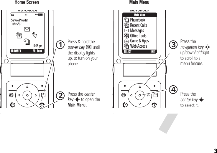 3tesn4321zfì&amp; n Phonebook s Recent Calls e Messages É Office Tools Q  Game &amp; Apps á Web Access Home Screen Main MenuPress &amp; hold the power key P until the display lights up, to turn on your phone.Press the center  key s to open the Main Menu .Press the navigation key S up/down/left/right  to scroll to a  menu feature.Press the center key s to select it.Service Provider10/15/075:05 pmBROWSER Ph. BookMain MenuSELECT EXIT