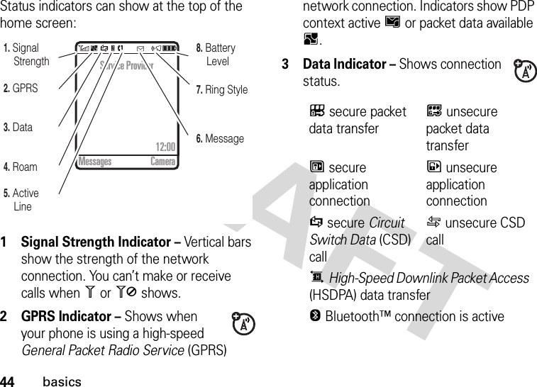 44basicsStatus indicators can show at the top of the home screen: 1 Signal Strength Indicator – Vertical bars show the strength of the network connection. You can’t make or receive calls when 1 or 0 shows.2 GPRS Indicator – Shows when your phone is using a high-speed General Packet Radio Service (GPRS) network connection. Indicators show PDP context active H or packet data available B.3 Data Indicator – Shows connection status.5. Active Line6. Message7. Ring Style8. Battery Level4. Roam3. Data2. GPRS1. Signal StrengthService Provider12:00Messages CameraLsecure packet data transferKunsecure packet data transferNsecure application connectionMunsecure application connectionSsecure Circuit Switch Data (CSD) callTunsecure CSD callŒHigh-Speed Downlink Packet Access (HSDPA) data transferOBluetooth™ connection is active