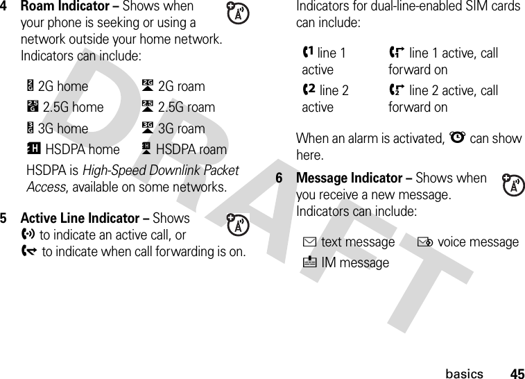 45basics4Roam Indicator – Shows when your phone is seeking or using a network outside your home network. Indicators can include:5 Active Line Indicator – Shows hto indicate an active call, or gto indicate when call forwarding is on. Indicators for dual-line-enabled SIM cards can include:When an alarm is activated, l can show here.6 Message Indicator – Shows when you receive a new message. Indicators can include:b2G homec2G roama2.5G homeZ2.5G roamY3G homeX3G roamŽHSDPA homeŠHSDPA roamHSDPA is High-Speed Downlink Packet Access, available on some networks.fline 1 activeiline 1 active, call forward oneline 2 activejline 2 active, call forward onÉtext messageËvoice messageéIM message