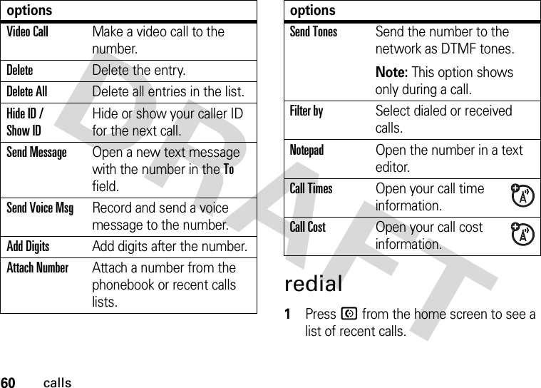 60callsredial  1Press N from the home screen to see a list of recent calls.Video CallMake a video call to the number.DeleteDelete the entry.Delete AllDelete all entries in the list.Hide ID / Show IDHide or show your caller ID for the next call.Send MessageOpen a new text message with the number in the To field.Send Voice MsgRecord and send a voice message to the number.Add DigitsAdd digits after the number.Attach NumberAttach a number from the phonebook or recent calls lists.optionsSend TonesSend the number to the network as DTMF tones.Note: This option shows only during a call.Filter bySelect dialed or received calls.NotepadOpen the number in a text editor.Call TimesOpen your call time information.Call CostOpen your call cost information.options