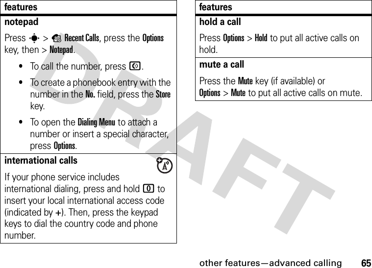 other features—advanced calling65notepadPress s&gt;sRecent Calls, press the Options key, then &gt;Notepad.•To call the number, press N.•To create a phonebook entry with the number in the No. field, press the Store key.•To open the DialingMenu to attach a number or insert a special character, press Options.international callsIf your phone service includes international dialing, press and hold 0 to insert your local international access code (indicated by +). Then, press the keypad keys to dial the country code and phone number.featureshold a callPress Options&gt;Hold to put all active calls on hold.mute a callPress the Mute key (if available) or Options&gt;Mute to put all active calls on mute.features