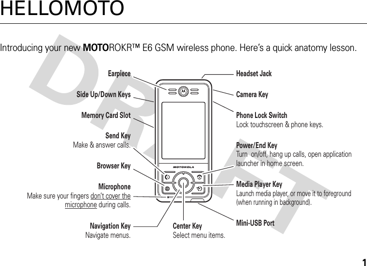 1HELLOMOTOIntroducing your new MOTOROKR™ E6 GSM wireless phone. Here’s a quick anatomy lesson.Center KeySelect menu items.MicrophoneMake sure your fingers don’t cover the microphone during calls.Navigation KeyNavigate menus.Headset JackCamera KeyBrowser KeyMedia Player KeyLaunch media player, or move it to foreground (when running in background).Mini-USB PortPower/End KeyTurn  on/off, hang up calls, open application launcher in home screen.EarpieceSide Up/Down KeysMemory Card SlotSend KeyMake &amp; answer calls.Phone Lock SwitchLock touchscreen &amp; phone keys.