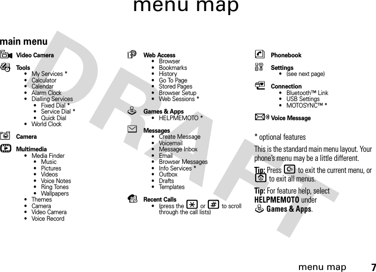 menu map7menu mapmain menu9Video CameraÉTools•My Services*•Calculator• Calendar•Alarm Clock• Dialling Services• Fixed Dial *• Service Dial *•Quick Dial• World ClockICamerahMultimedia• Media Finder•Music• Pictures• Videos•Voice Notes• Ring Tones• Wallpapers• Themes•Camera• Video Camera• Voice RecordáWeb Access•Browser• Bookmarks•History• Go To Page• Stored Pages•Browser Setup• Web Sessions *QGames &amp; Apps• HELPMEMOTO *eMessages• Create Message•Voicemail• Message Inbox•Email• Browser Messages• Info Services *• Outbox•Drafts• TemplatessRecent Calls• (press the * or # to scroll through the call lists)nPhonebookw Settings• (see next page)LConnection• Bluetooth™ Link• USB Settings•MOTOSYNC™*VVoice Message* optional features This is the standard main menu layout. Your phone’s menu may be a little different.Tip: Press D to exit the current menu, or O to exit all menus.Tip: For feature help, select HELPMEMOTO under QGames &amp; Apps.