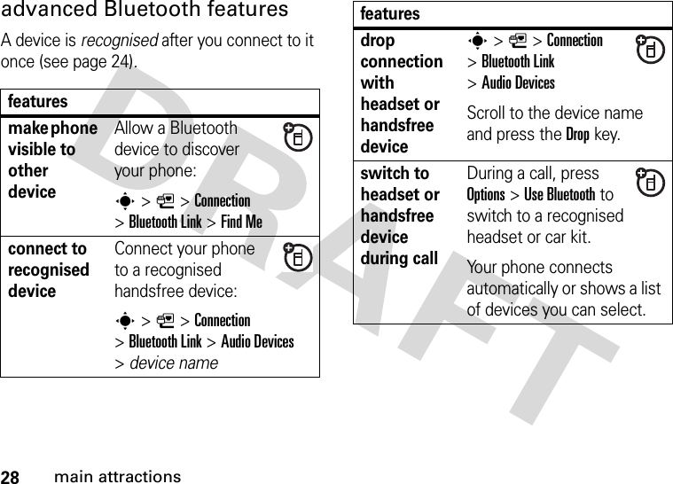 28main attractionsadvanced Bluetooth featuresA device is recognised after you connect to it once (see page 24).featuresmake phone visible to other deviceAllow a Bluetooth device to discover your phone:s &gt;L&gt;Connection &gt;Bluetooth Link &gt;Find Meconnect to recognised deviceConnect your phone to a recognised handsfree device:s &gt;L&gt;Connection &gt;Bluetooth Link &gt;Audio Devices &gt;device namedrop connection with headset or handsfree devices &gt;L&gt;Connection &gt;Bluetooth Link &gt;Audio DevicesScroll to the device name and press the Dropkey.switch to headset or handsfree device during callDuring a call, press Options&gt;Use Bluetooth to switch to a recognised headset or car kit.Your phone connects automatically or shows a list of devices you can select. features