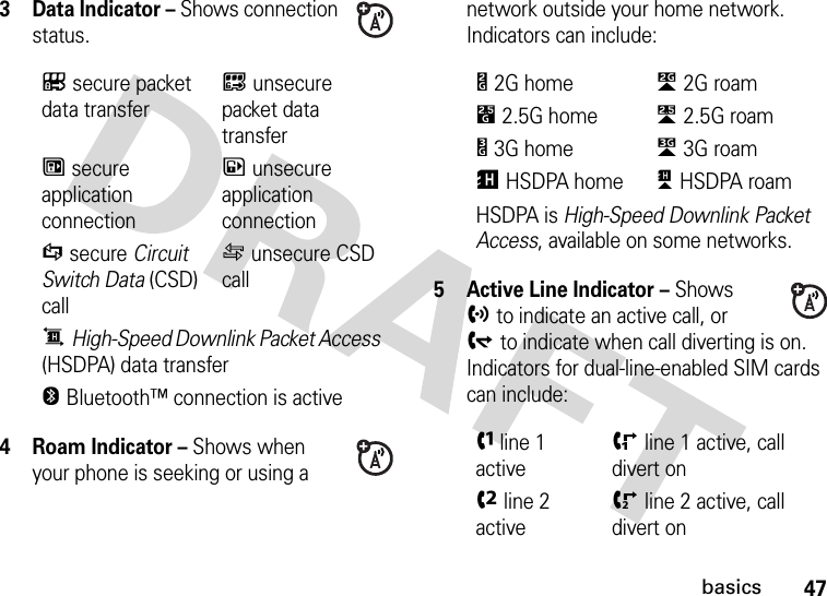 47basics3 Data Indicator – Shows connection status.4Roam Indicator – Shows when your phone is seeking or using a network outside your home network. Indicators can include:5 Active Line Indicator – Shows hto indicate an active call, or gto indicate when call diverting is on. Indicators for dual-line-enabled SIM cards can include:Lsecure packet data transferKunsecure packet data transferNsecure application connectionMunsecure application connectionSsecure Circuit Switch Data (CSD) callTunsecure CSD callŒHigh-Speed Downlink Packet Access (HSDPA) data transferOBluetooth™ connection is activeb2G homec2G roama2.5G homeZ2.5G roamY3G homeX3G roamŽHSDPA homeŠHSDPA roamHSDPA is High-Speed Downlink Packet Access, available on some networks.fline 1 activeiline 1 active, call divert oneline 2 activejline 2 active, call divert on