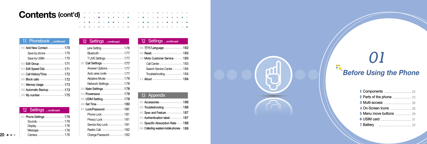 21Before Using the Phone1 Components  ..................................  22           2 Parts of the phone  .......................  23     3 Multi-access  ..................................  26    4 On-Screen Icons  ..........................  28     5 Menu move buttons  ....................  29     6 USIM card  ......................................  31     7 Battery     .........................................  33012002 Add New Contact ......................... 170 Save by phone ............................ 170 Save by USIM .............................. 17003 Edit Group ...................................... 17104 Edit Speed Dial ............................. 171 05 Call History/Time .......................... 17206 Block calls ...................................... 17207 Memory Usage ............................... 17308 Automatic Backup  ....................... 17309 My number .................................... 175   11   Phonebook  _ continued Contents (cont’d) june Setting .................................. 176 Bluetooth ...................................... 177  T LIVE Settings ............................ 17702 Call Settings ................................. 177 Answer Options ......................... 177 Auto area code .......................... 177 Airplane Mode ............................ 178 Network Settings  ...................... 17803 Nate Settings ............................... 17804 Powersave .................................... 17905 USIM Setting ................................ 17906 Set Time ......................................... 18007 Lock/Password ............................. 181  Phone Lock ................................. 181 Privacy Lock ................................ 181 Service Key Lock ........................ 181 Restric Call ................................... 182 Change Password ...................... 182    12   Settings  _ continued 08 언어/Language ............................ 182 09 Reset ............................................... 18310 Moto Customer Service ............. 183 Call Center ................................... 183 Search Service Center ............... 184 Troubleshooting ........................... 18411 About .............................................. 184     12   Settings  _ continued 01 Phone Settings  ............................. 176 Sounds ......................................... 176 Display .......................................... 176 Message ...................................... 176 Camera ........................................ 176   12   Settings  _ continued 01 Accessories ................................... 18602 Troubleshooting ............................ 18603 Spec and Feature ......................... 18704 Authentication label ................... 187 05 Specific Absorption Rate ......... 18806 Collecting wasted-mobile phones ... 189   13   Appendix