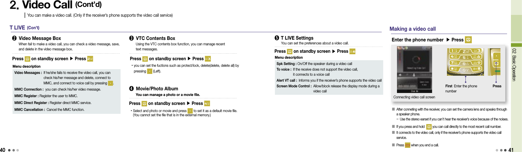 4002 Basic Operation2. Video Call (Cont’d)You can make a video call. (Only if the receiver’s phone supports the video call service)T LIVE (Con’t)➋  Video Message BoxVideo Messages :  If he/she fails to receive the video call, you can check his/her message and delete, connect to MMC, and connect to voice call by pressing  .MMC Connection :   you can check his/her video message.MMC Register : Register the user to MMC.MMC Direct Register : Register direct MMC service.MMC Cancellation : Cancel the MMC function.When fail to make a video call, you can check a video message, save, and delete in the video message box.Menu descriptionPress   on standby screen ▶ Press ➌  VTC Contents BoxUsing the VTC contents box function, you can manage recent text messages.Press   on standby screen ▶ Press • you can set the fuctions such as protect/lock, delete(delete, delete all) by pressing   (Left).➍  Movie/Photo AlbumYou can manage a photo or a movie file.Press   on standby screen ▶ Press • Select and photo or movie and press   to set it as a default movie file. (You cannot set the file that is in the external memory.)➎  T LIVE SettingsYou can set the preferences about a video call.Menu descriptionPress   on standby screen ▶ Press Making a video call󰥇  After conneting with the receiver, you can set the camera lens and speaks through a speaker phone.-  Use the stereo earset if you can’t hear the receiver’s voice because of the noises.󰥇  If you press and hold    you can call directly to the most recent call number.󰥇   It connects to the video call, only if the receiver’s phone supports the video call service.  󰥇 Press   when you end a call.Enter the phone number ▶ Press First Enter the phone numberPressConnecting video call screen41Spk Setting : On/Off the speaker during a video callTo voice :  If the receive does not support the video call, it connects to a voice callAlert VT call :  Informs you if the receiver’s phone supports the video callScreen Mode Control :  Allow/block release the display mode during a video call
