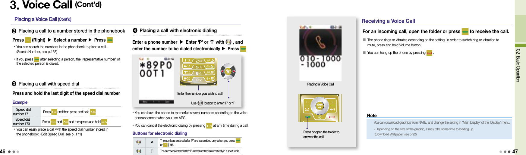4602 Basic OperationPlacing a Voice CallReceiving a Voice CallFor an incoming call, open the folder or press   to receive the call.󰥇  The phone rings or vibrates depending on the setting. In order to switch ring or vibration to mute, press and hold Volume button.󰥇  You can hang up the phone by pressing   .Press or open the folder to answer the call473. Voice Call (Cont’d)Placing a Voice Call (Cont’d)➋  Placing a call to a number stored in the phonebookPress   (Right) ▶ Select a number ▶ Press • You can search the numbers in the phonebook to place a call.(Search Number, see p.168)• If you press   after selecting a person, the ‘representative number’ of the selected person is dialed.➌  Placing a call with speed dialPress and hold the last digit of the speed dial number• You can easily place a call with the speed dial number stored in the phonebook. (Edit Speed Dial, see p. 171)  Speed dial number 17  Press   and then press and hold   Speed dial number 173  Press   and   and then press and hold Example➍ Placing a call with electronic dialing• You can have the phone to memorize several numbers according to the voice announcement when you use ARS.• You can cancel the electronic dialing by pressing   at any time during a call.You can have the phone to memorize several numbers according to the voice Enter the number you wish to callUse  button to enter ‘P’ or ‘T’ Enter a phone number ▶ Enter ‘P’ or ‘T’ with  , and enter the number to be dialed electronically ▶ Press P  The numbers entered after ‘P’ are transmitted only when you press or   (Left).T The numbers entered after ‘T’ are transmitted automatically in a short while.Buttons for electronic dialingNoteYou can download graphics from NATE, and change the setting in ‘Main Display’ of the ‘Display’ menu.-  Depending on the size of the graphic, it may take some time to loading up.(Download Wallpaper, see p.92)